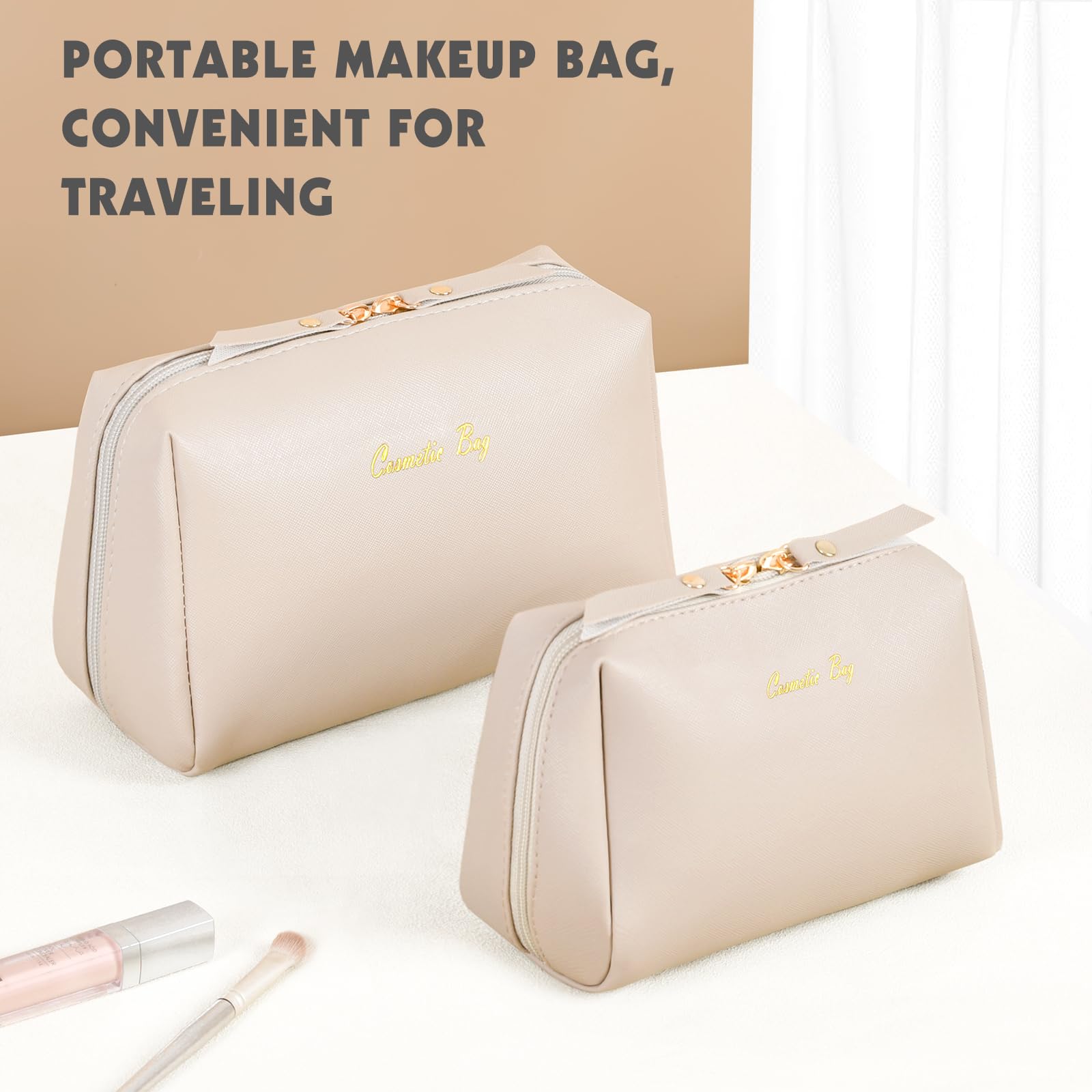 Topwey Waterproof Makeup Bag for Women - Travel Cosmetic Organizer with Divider, Portable Toiletry Pouch for Daily Use & Vacation (Khaki, Small) - Perfect for Gym, Work, Weekend Getaways & Air Travel