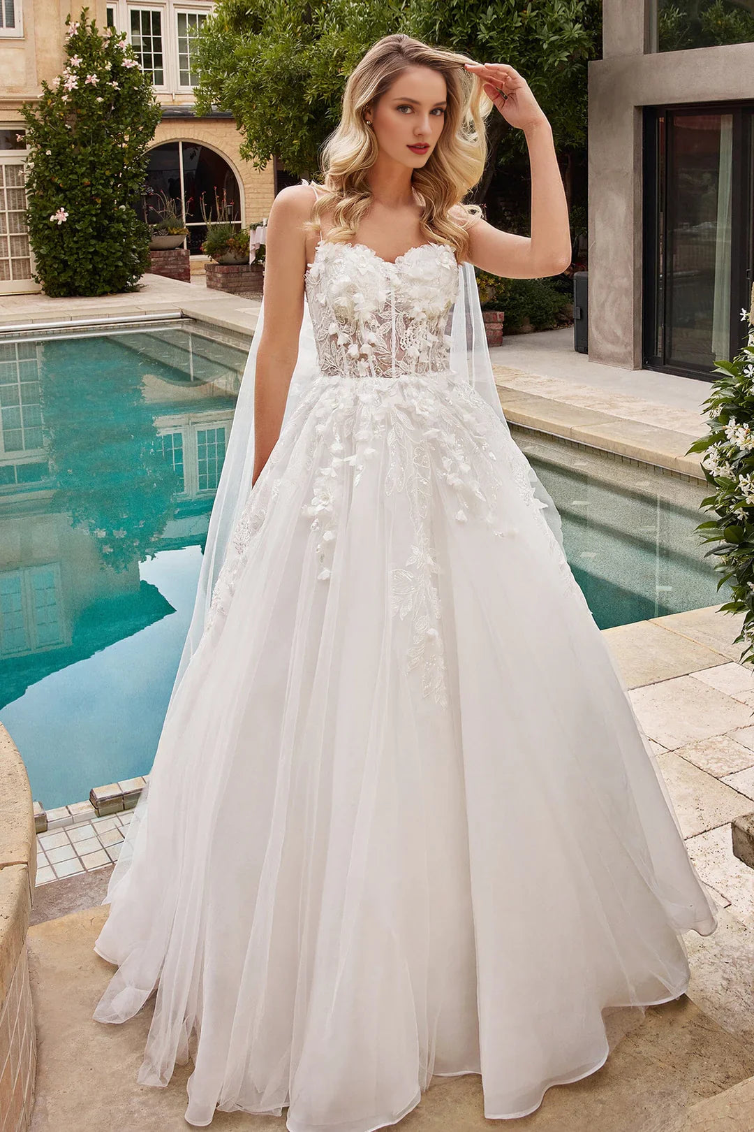 Elegant 3D Floral Decal Long Sleeveless Cape Wedding Dress - Perfect for Bridal Gowns, Evening Gowns & Formal Occasions