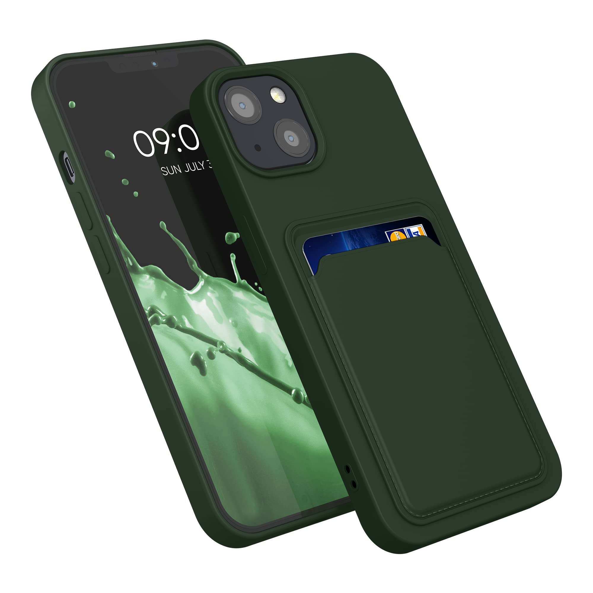 kwmobile Shockproof TPU Case for Apple iPhone 13 with Credit Card Holder - Slim Protective Phone Cover in Dark Green - Perfect for Everyday Use, Travel & Outdoor Activities