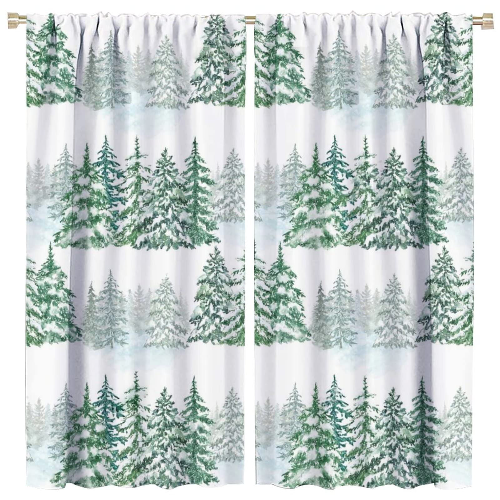 Green Watercolor Forest Print Curtains - Tree Silhouette Custom Rod Pocket Window Drapes 42x45 Inch for Bedroom & Living Room Decor | Nature-Themed Home Décor for Cozy Cabin, Nursery or Boho Style Spaces