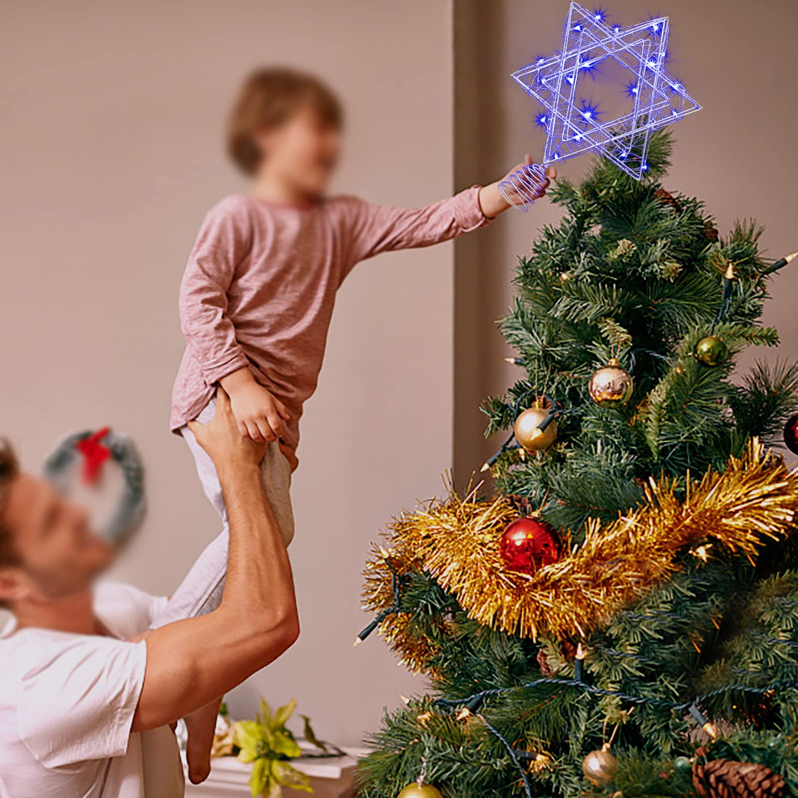 7-Inch Star of David Christmas Tree Topper - Hexagram Metal Ornament with 20 Blue LED Lights, Battery Powered with Timer - Perfect for Xmas Tree, Hanukkah, New Year & Holiday Decorations - Ideal Gift for Jewish Families & Festive Home Decor
