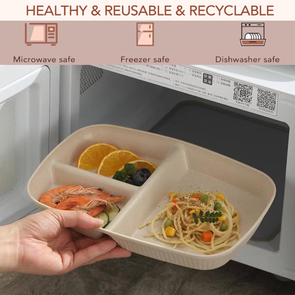 10.5 Inch Divided Plates for Adults - 3 Compartment Portion Control Bariatric Plates | Wheat Straw, Unbreakable & Reusable | BPA Free (4-Pack) | Perfect for Meal Prep, Weight Management & Healthy Eating