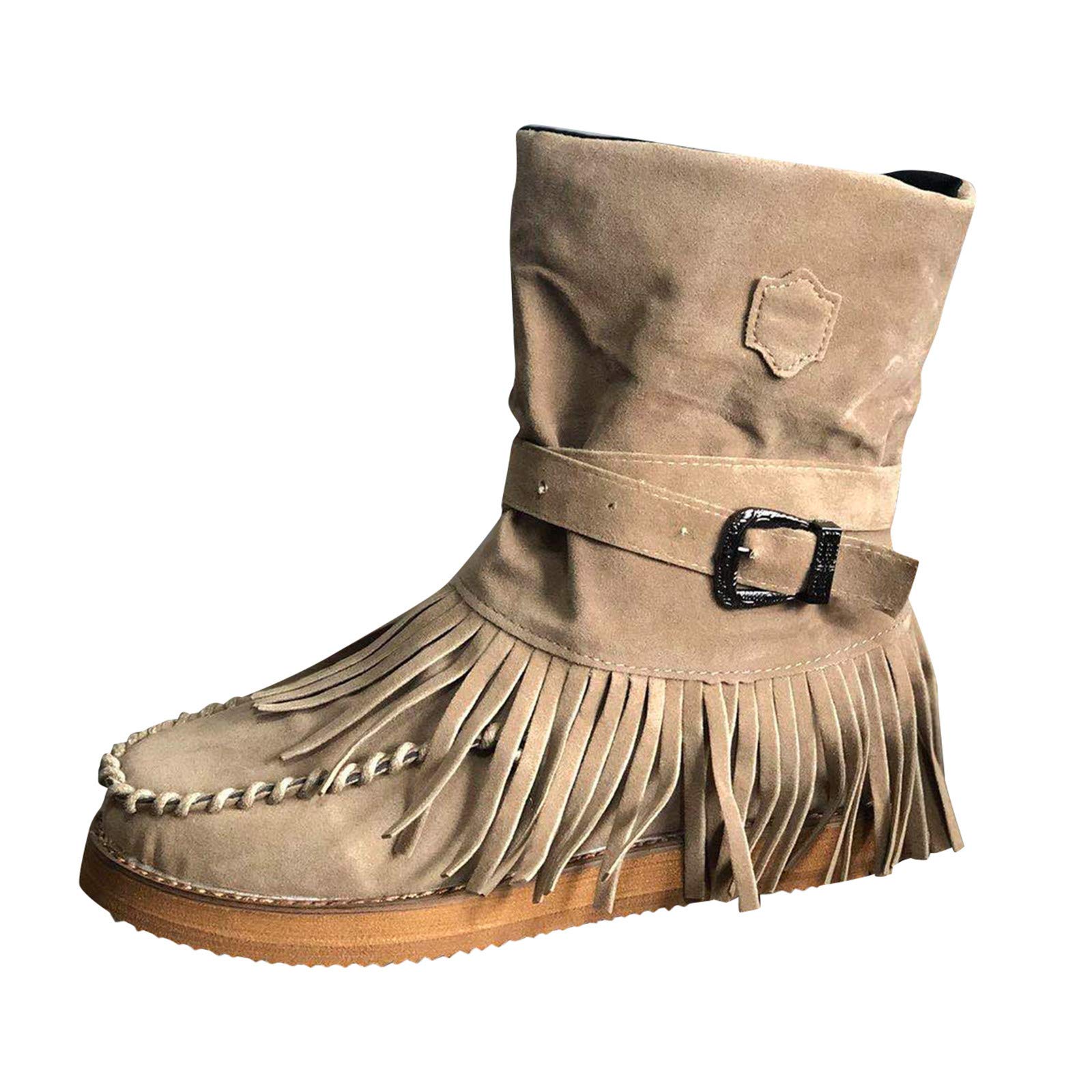 Women's Retro Suede Fringe Ankle Boots - Round Toe Slip-On Platform Booties with Buckle Detail | Roman Winter Walking Shoes for Casual Outfits & Cold Weather Fashion