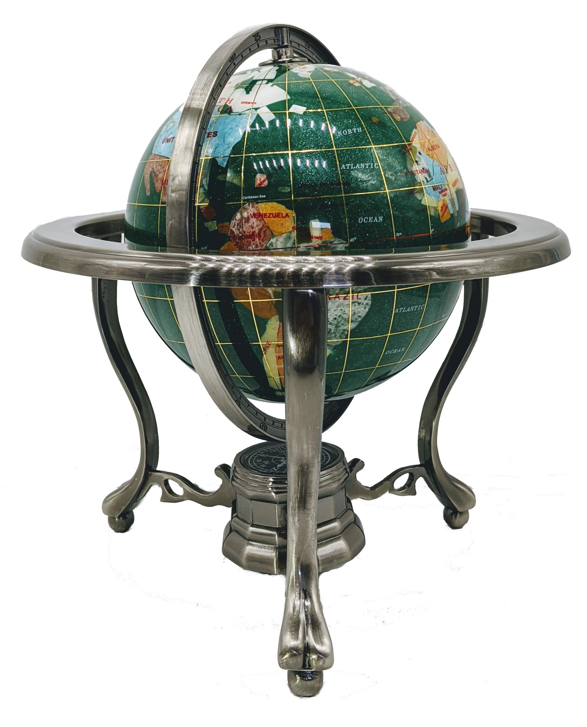 10-Inch Tall Green Crystal and Pearl Ocean Gemstone World Globe with Silver Tripod Stand - Unique Art Tabletop Decor for Home, Office, or Gift - Perfect for Earth Day, Geography Enthusiasts & Meditation Spaces