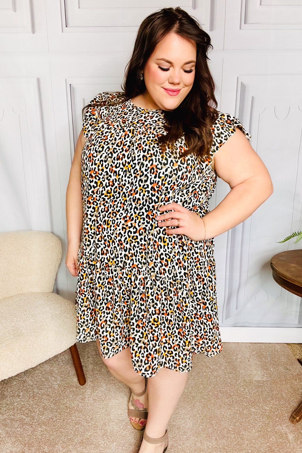 Stylish Taupe Leopard Print Tiered Ruffle Sleeve Woven Dress for Women | Elegant Party, Date Night & Special Occasion Outfit