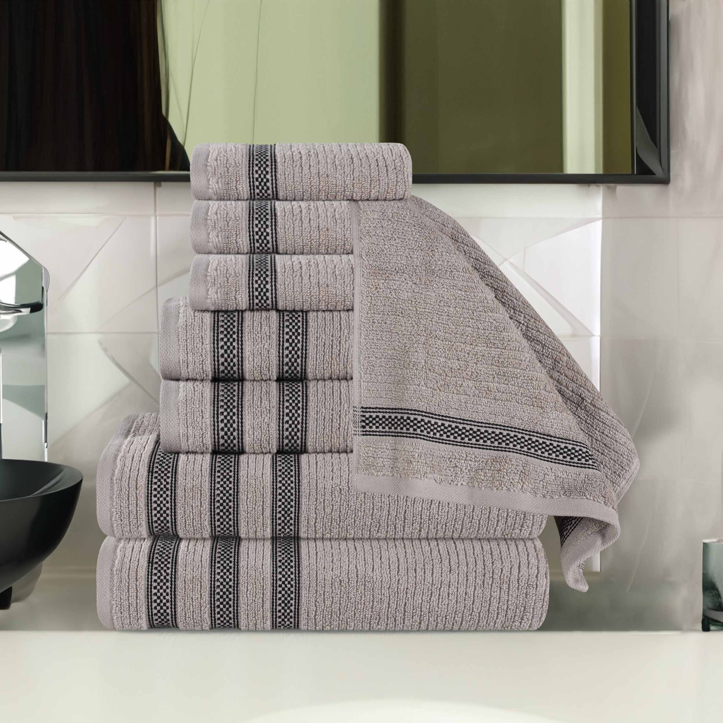 Premium Zero Twist Cotton Ribbed Geometric Border 8-Piece Towel Set | Ultra Soft Bath & Beach Towels for Spa, Pool & Home Decor