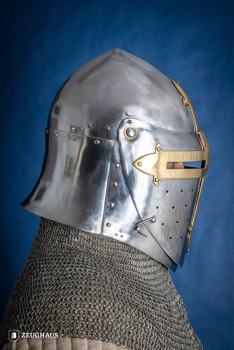 1.6mm Sugar Loaf Helmet with Brass Visor - Medieval Armor for LARP, Cosplay & Historical Reenactment