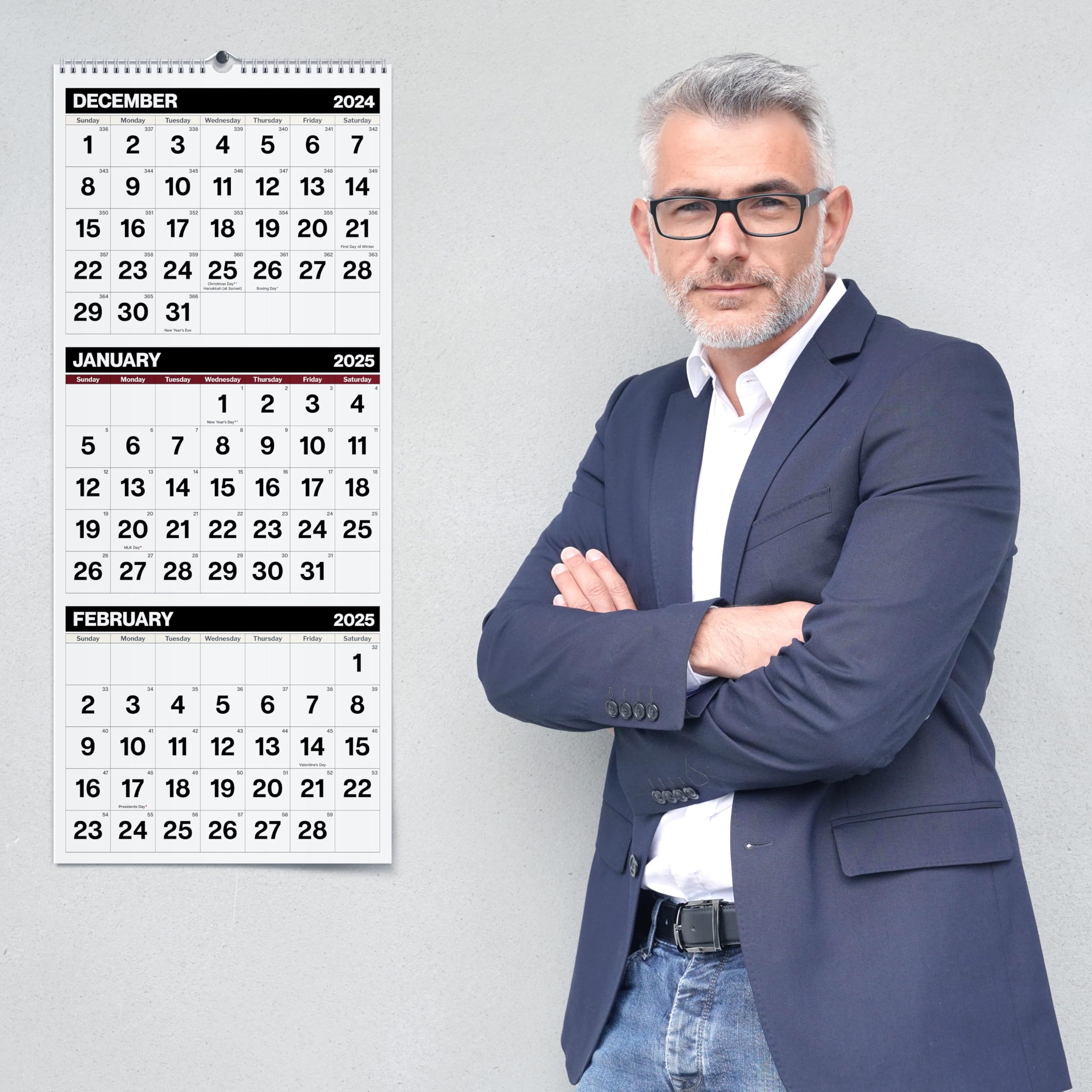 Dunwell 2024-2025 3-Month Vertical Wall Calendar | September 2024 - December 2025 | Black 11x26