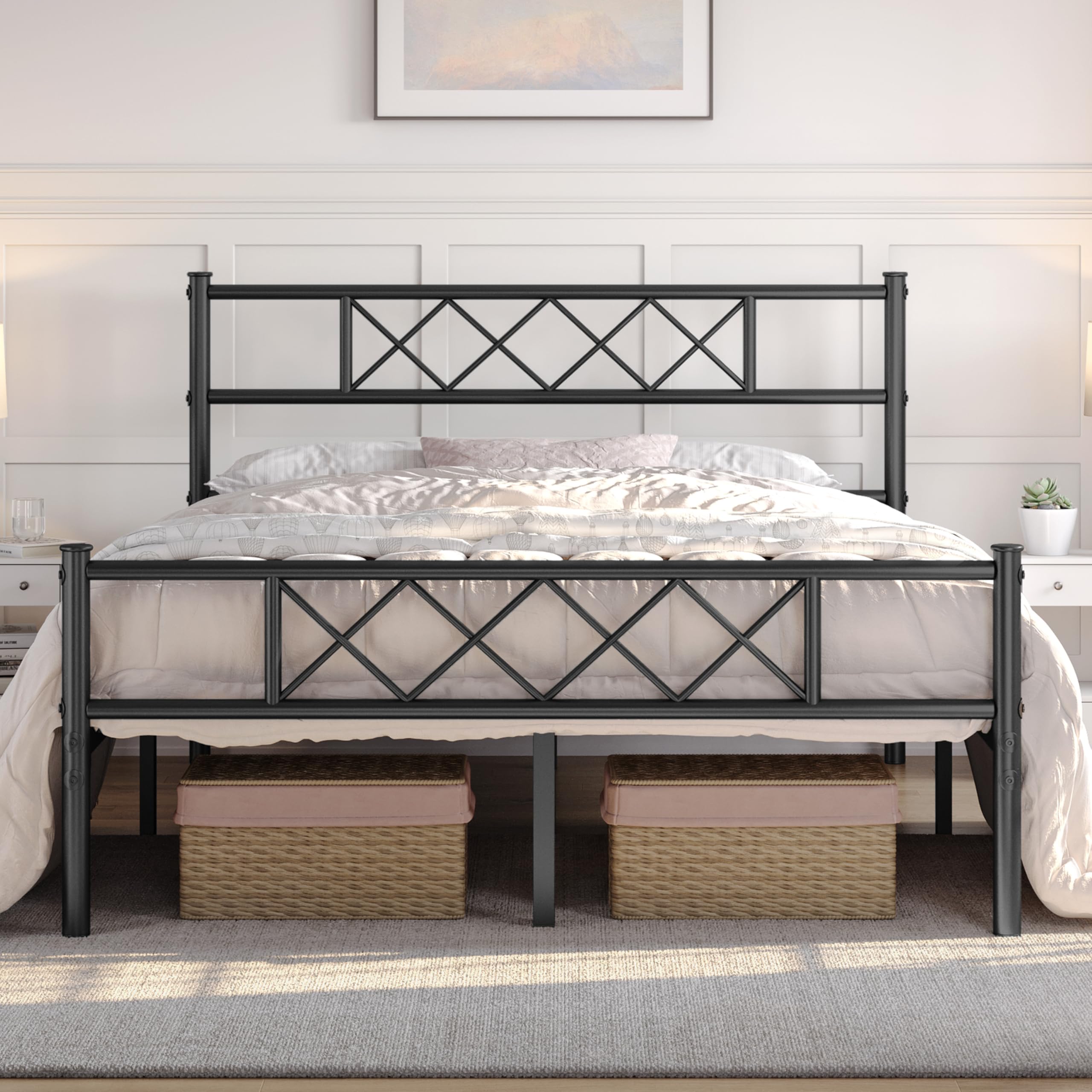Yaheetech Full Metal Platform Bed Frame with Headboard & Footboard - Queen Size, No Box Spring Needed, Sturdy Steel Slats, Under Bed Storage - Modern Black Bedroom Furniture for Small Spaces & Apartments