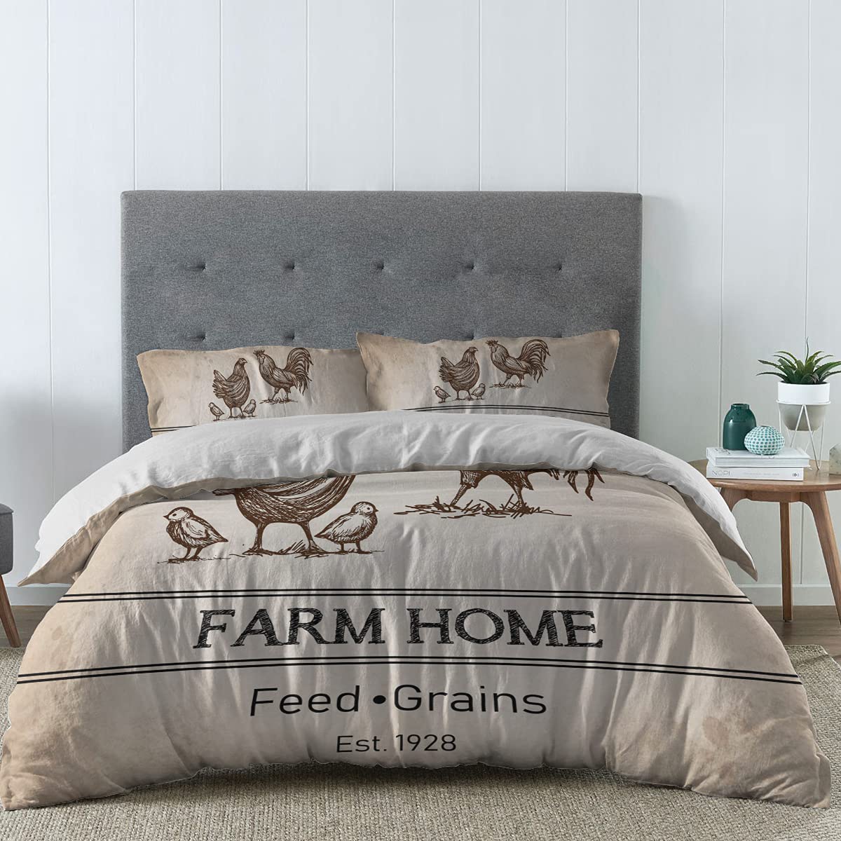4-Piece Rooster & Farmhouse Chicken Duvet Cover Set - California King Size Luxury Soft Bedding with Decorative Pillowcases | Farm Animal Themed Bedroom Decor for Country Style Homes