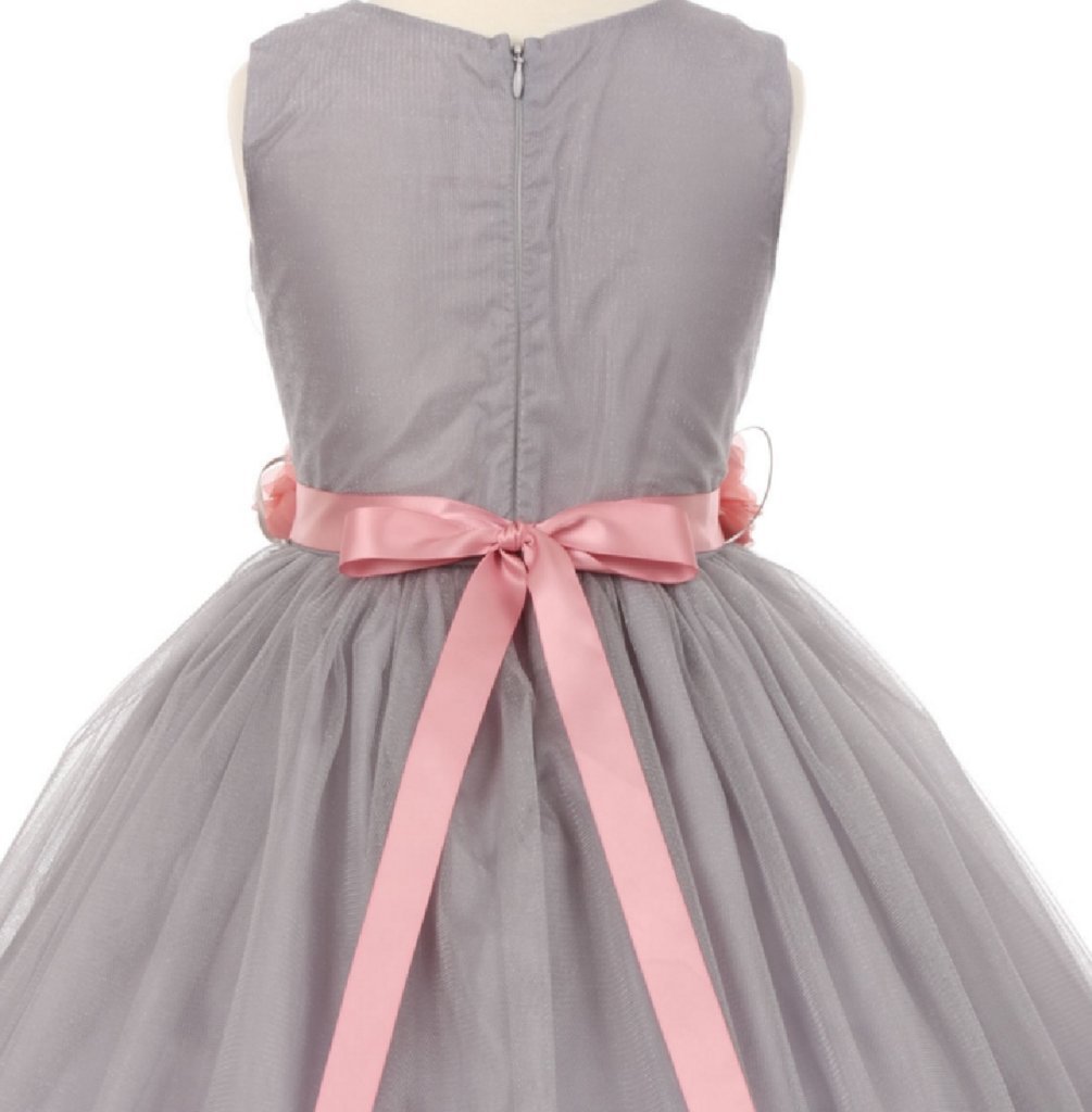 Little Girls Silver V-Neck Floral Sash Dress with Removable Flowers - Perfect for Birthday Parties, Pageants & Special Occasions