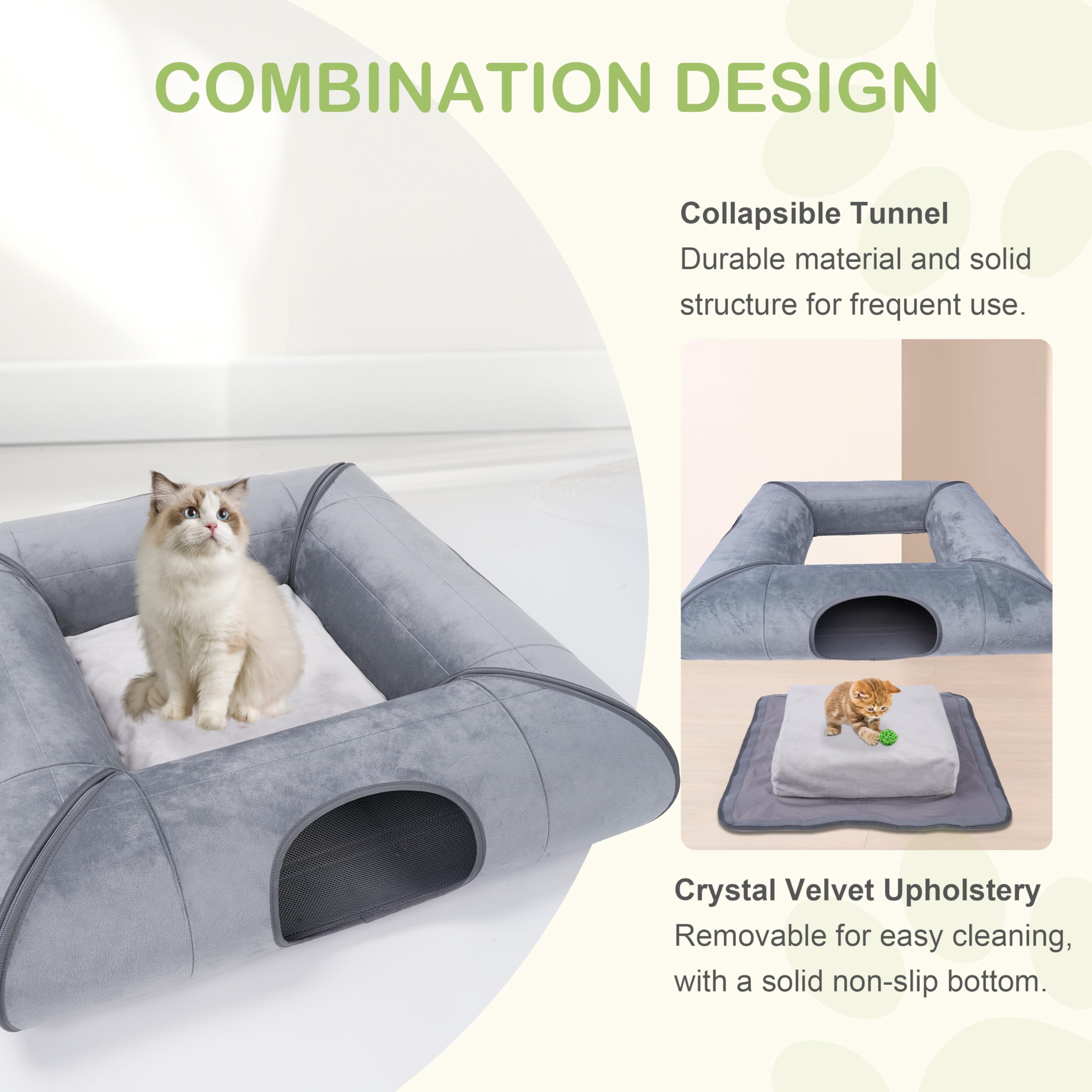 Collapsible Cat Tunnel Bed with Removable Washable Cushion - Peekaboo Pet Cave for Kittens & Rabbits - Indoor Interactive Cat Toy - Scratch Resistant & Durable - Perfect for Playtime & Nap Time (Gray, No Door)