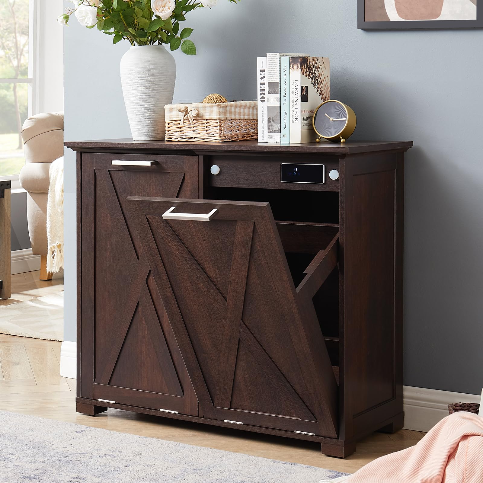 20-Gallon Tilt Out Trash Can Cabinet with Deodorizer - Pull-Out Recycling Garbage Storage with Spacious Wood Top (Espresso) - Perfect for Kitchen, Bedroom, Laundry Room Organization & Waste Management