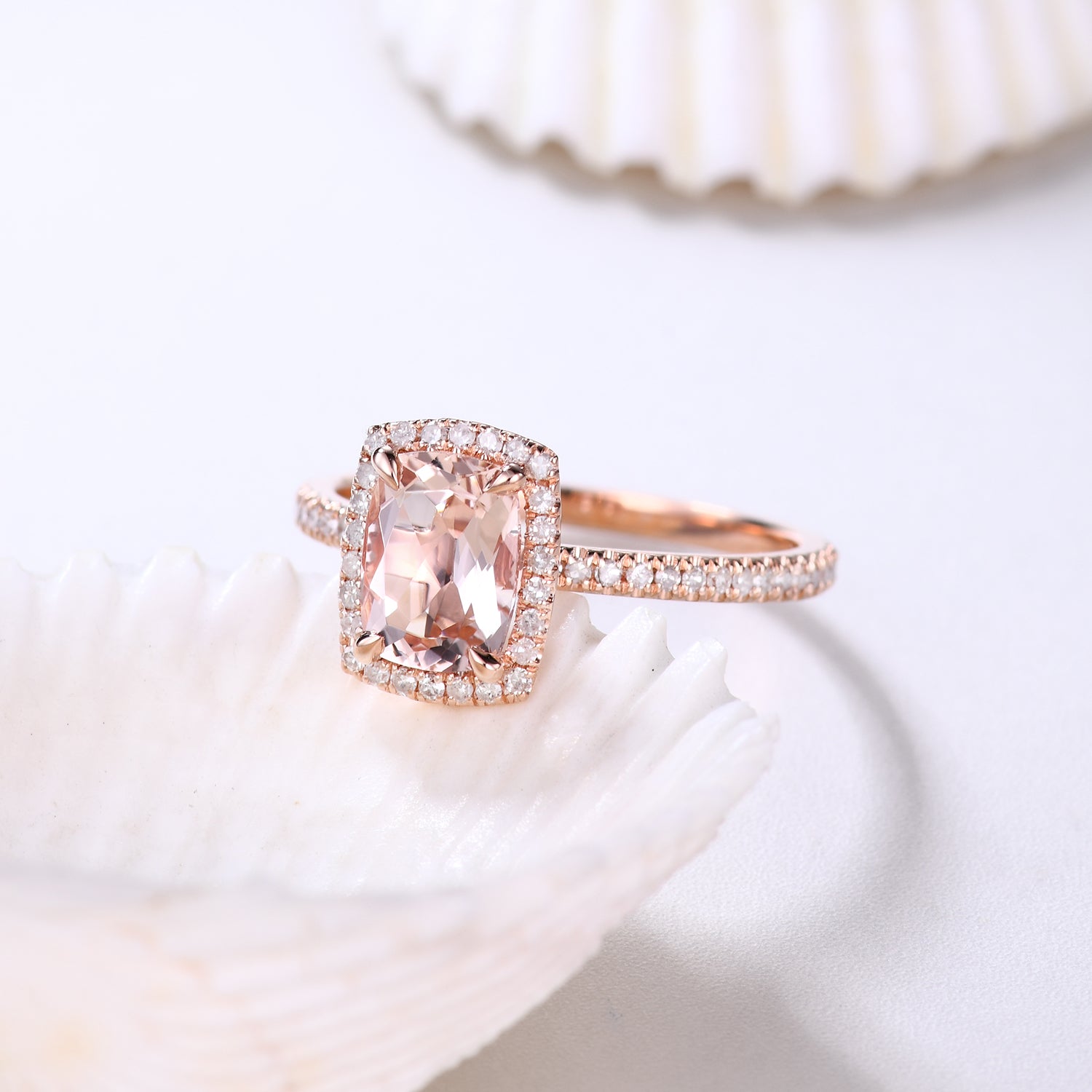 5x7mm Morganite & Diamond Halo Engagement Ring - Petite Thin Band for Women, Wedding Proposal, Anniversary Gift, Bridal Jewelry