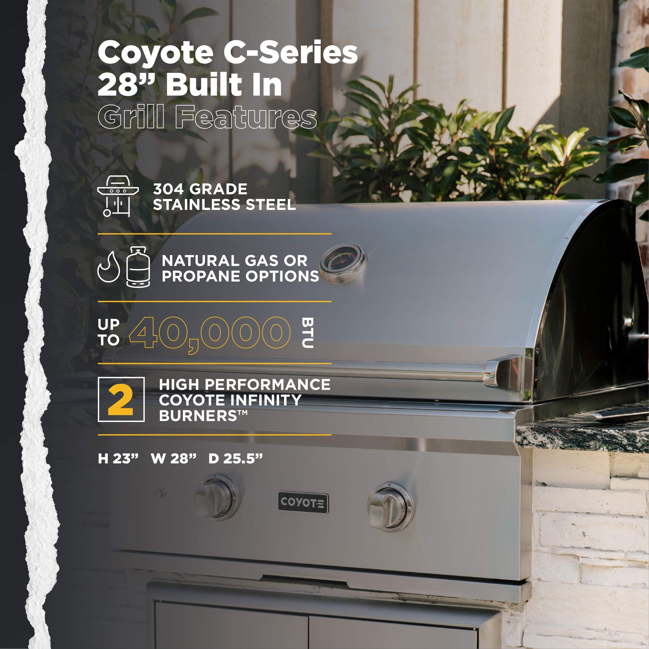 Coyote C-Series 28-inch Built-In Natural Gas Grill with 2 Burners & 40,000 BTUs - C1C28NG | Perfect for Outdoor Kitchen, Backyard BBQ, and Patio Entertaining