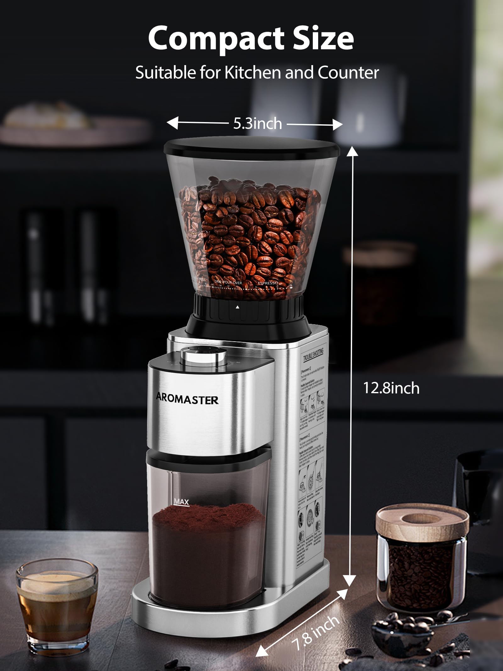 Aromaster Electric Conical Burr Coffee Grinder with 48 Grind Settings, Adjustable 40-Second Timer, Stainless Steel & Anti-Static Design - Perfect for Espresso, French Press, and Home Brewing (Silver)