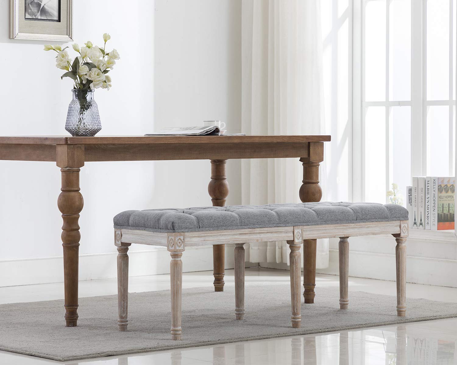 Kmax Upholstered Dining Room Bench - Rustic Living Room Ottoman with Carved Wooden Legs & Gray Fabric - Perfect for Farmhouse Dining Sets, Entryway Seating and Bedroom Footrest