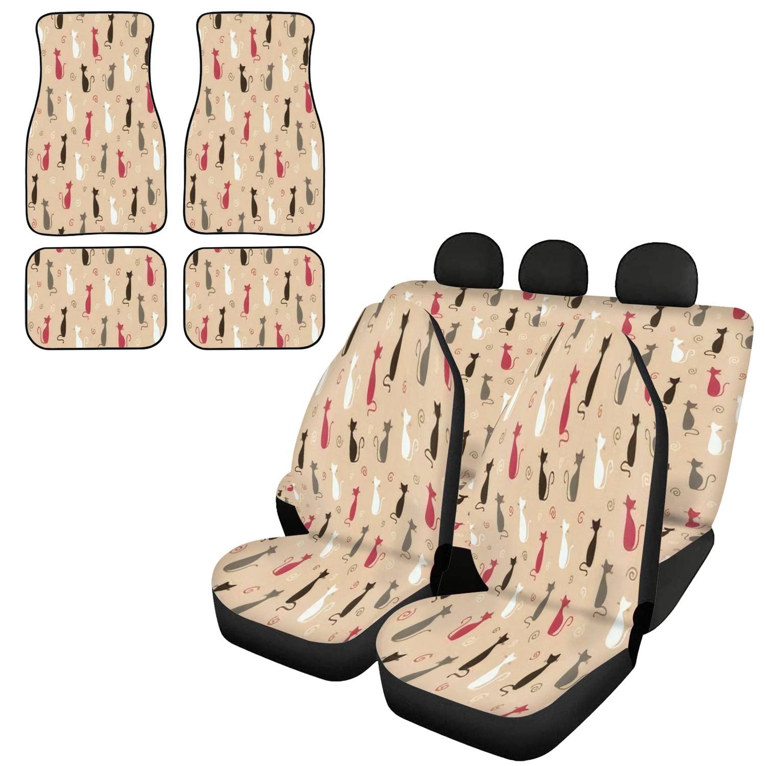 Stylish Pink Cat Print Car Seat Covers Full Set with 4-Piece Floor Mats - Universal Fit for Most Cars - Front & Rear Seat Protectors with Headrest Covers - Perfect for Pet Lovers & Car Interior Decoration