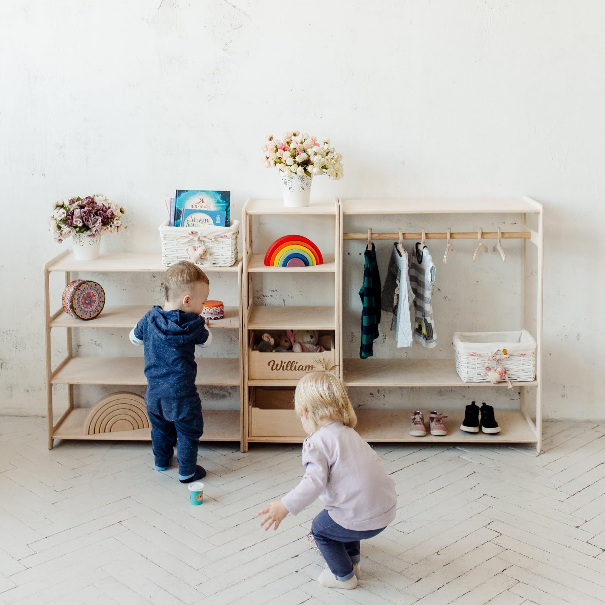 Set of 3 Montessori Toy Shelves & Kids Clothing Rack - Wooden Open Storage Shelves for Toys, Books & Clothes - Perfect for Playroom, Bedroom & Montessori Classroom Organization