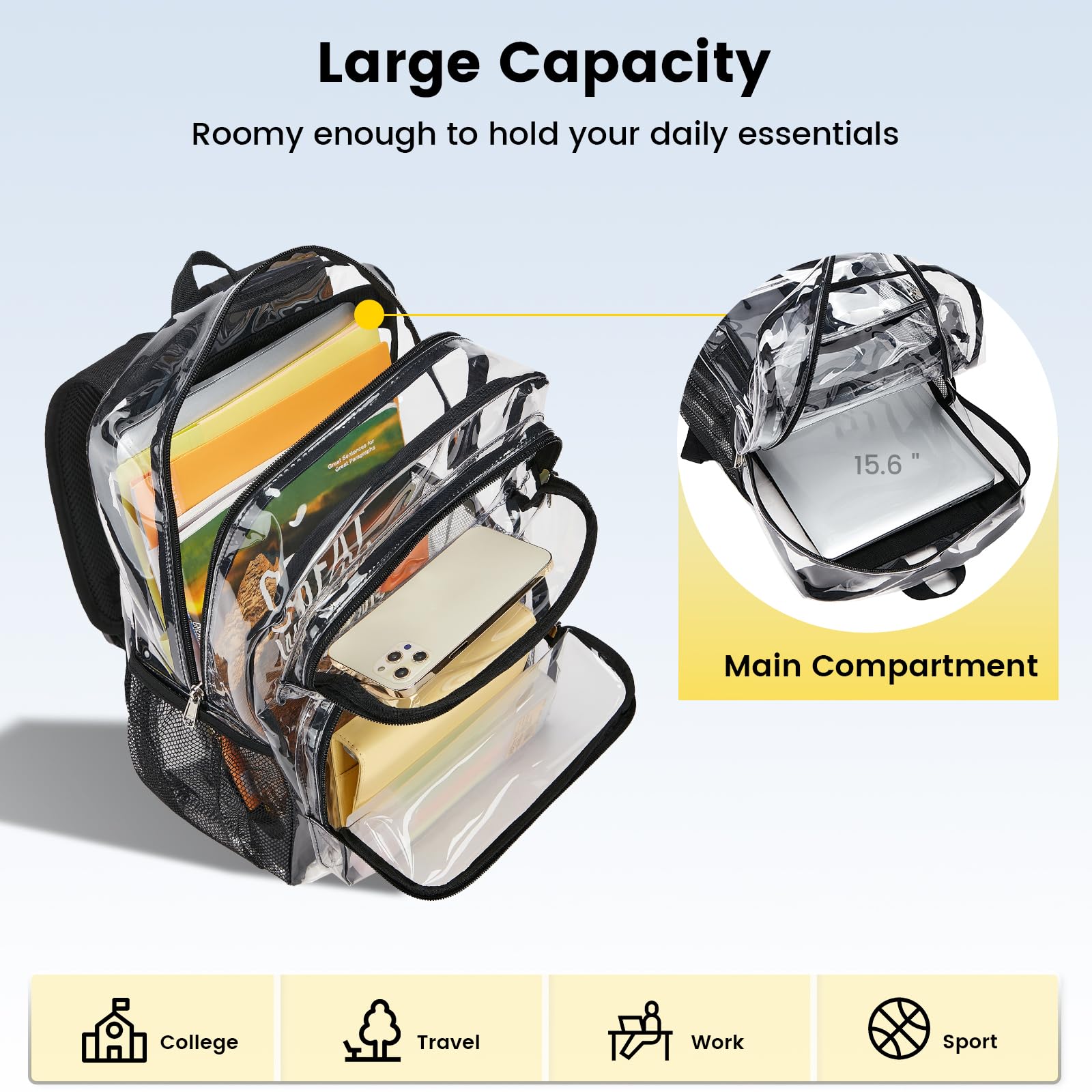 Vorspack Heavy Duty Clear Backpack - Large Transparent Bookbag for College, Work, Travel & Festivals | Durable See-Through Backpack for School, Concerts, Stadium Events & Airport Security (Black)