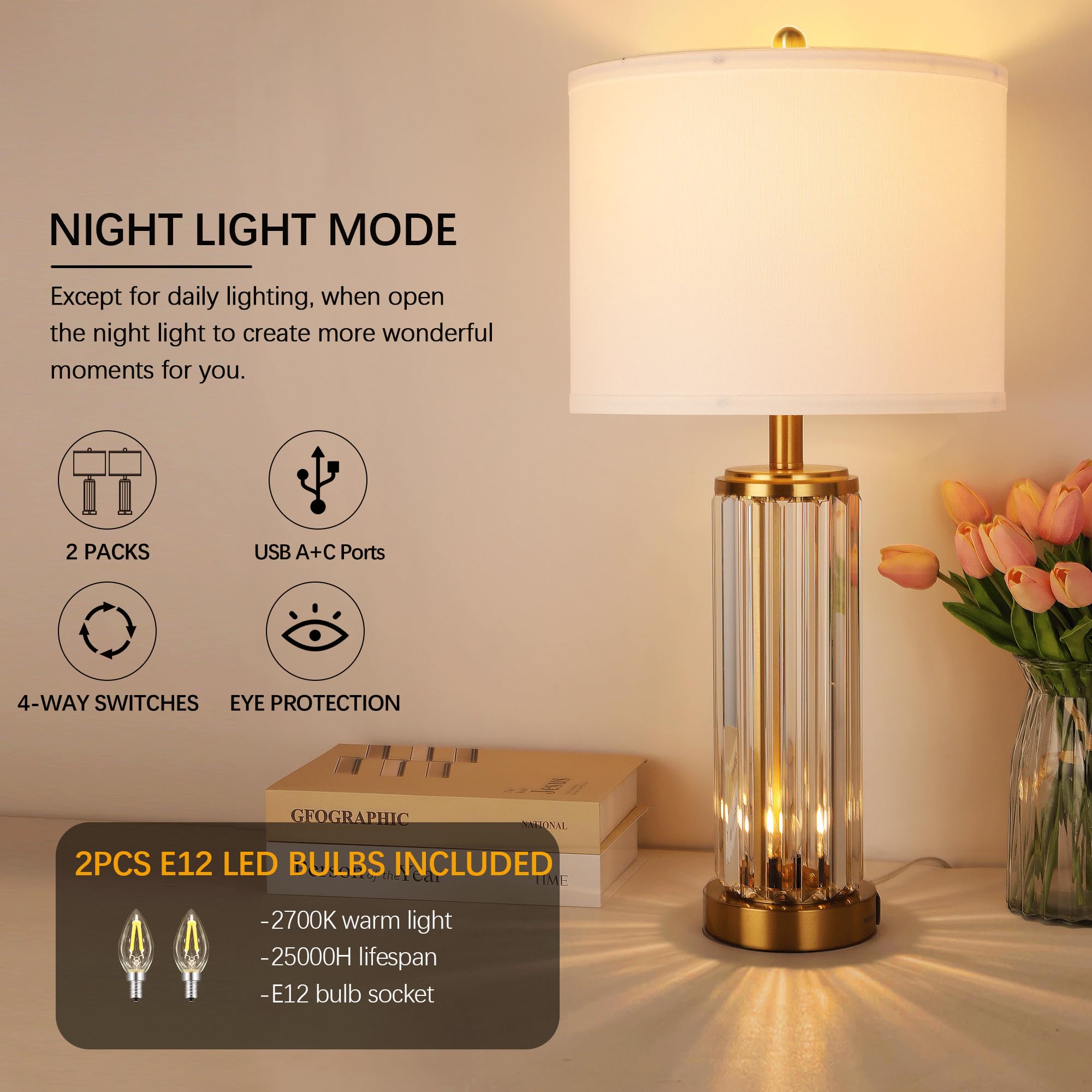QiMH Modern Gold Table Lamps Set of 2 - Bedside Nightstand Lamps with USB A+C Charging Ports & Nightlight - LED Bulbs Included - White Shade Home Decor for Bedroom, Living Room & Office Lighting