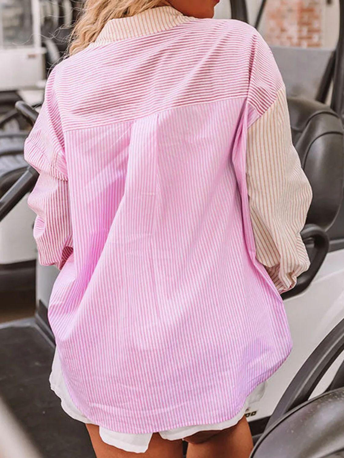 Plus Size Striped Collared Long Sleeve Shirt for Women - Casual Office Wear & Everyday Comfort