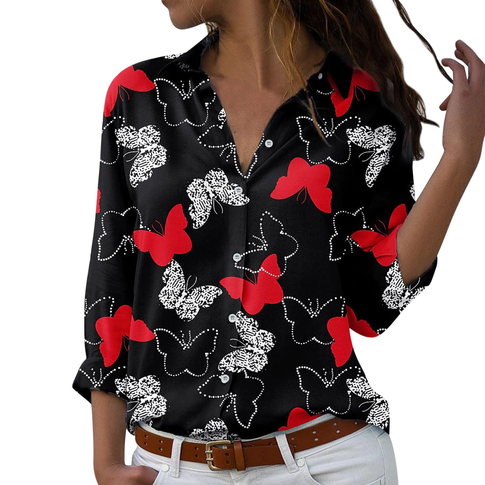 Women's Floral Print Long Sleeve Button Down Shirt - V Neck Collared Loose Blouse for Office Work & Casual Wear | Comfortable Tunic Top for Spring & Summer Outfits