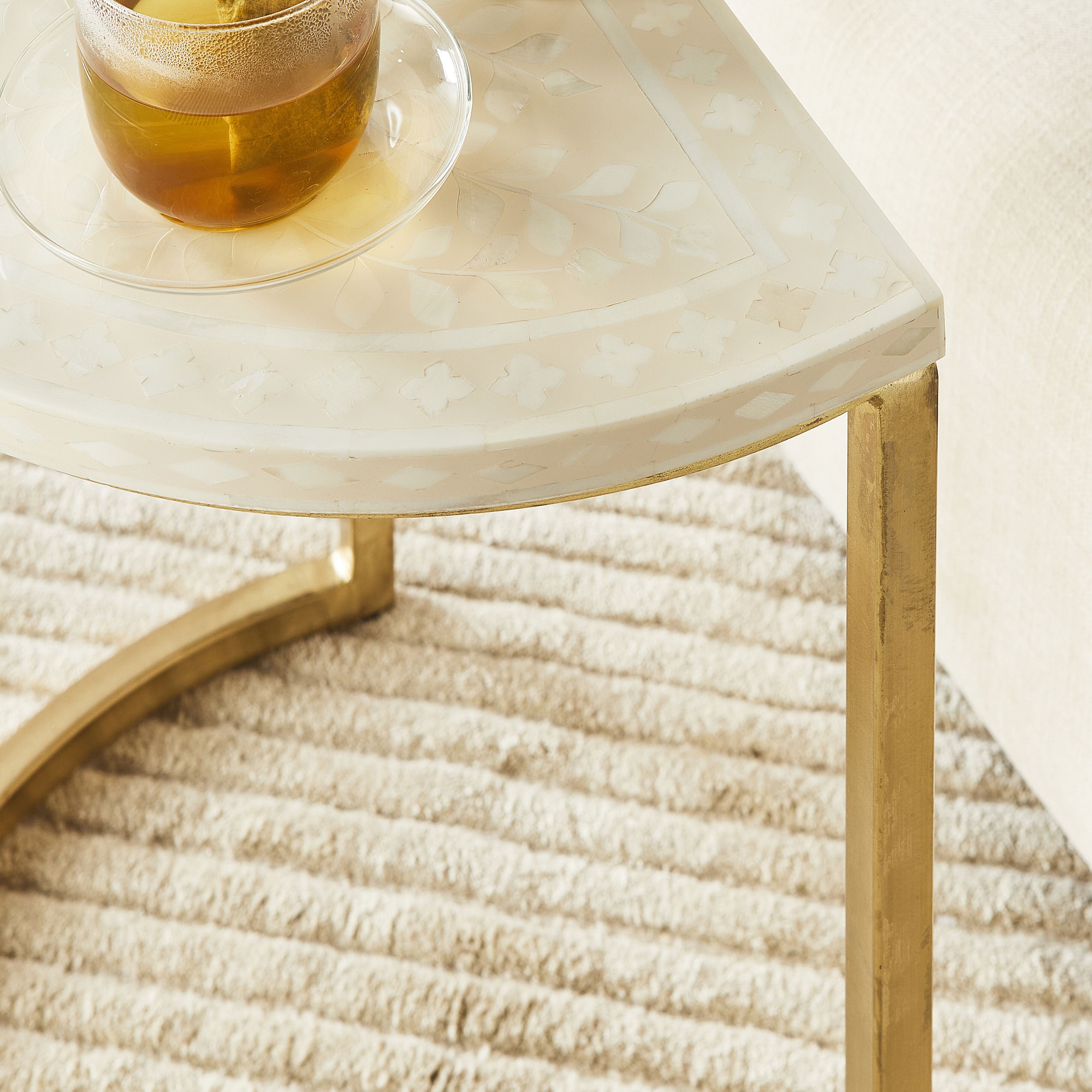 Handcrafted Bone Inlay Half Moon Side Table with Gold Frame - 21 Inch Beige Accent Table for Living Room, Bedroom & Entryway Decor