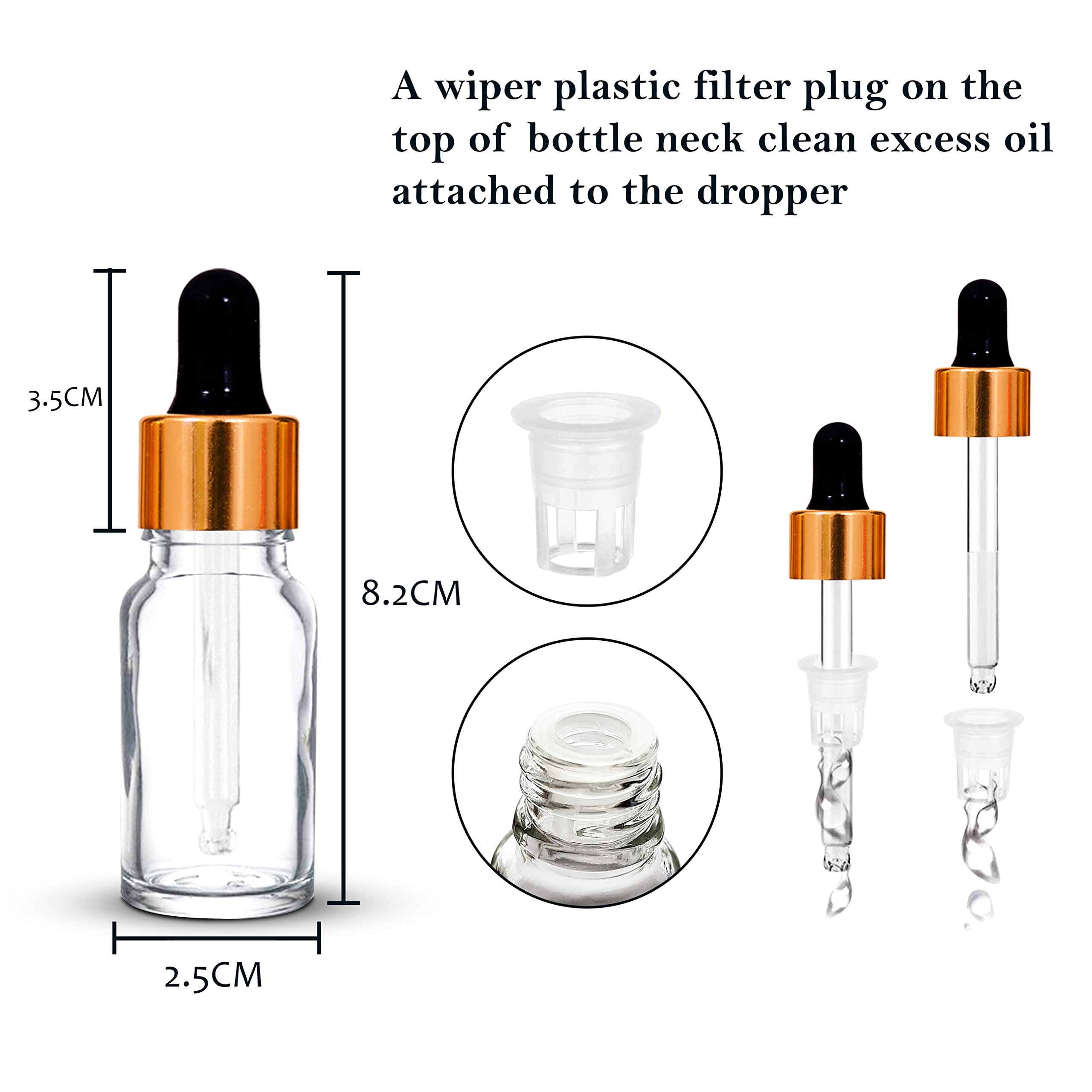 NSB Herbals 10ml Clear Round Empty Glass Bottle with Glass Dropper, Gold Ring & Black Silicone Teat - 6 Pack | Leakproof, Refillable for Essential Oils, Perfumes, DIY Beauty & Aromatherapy