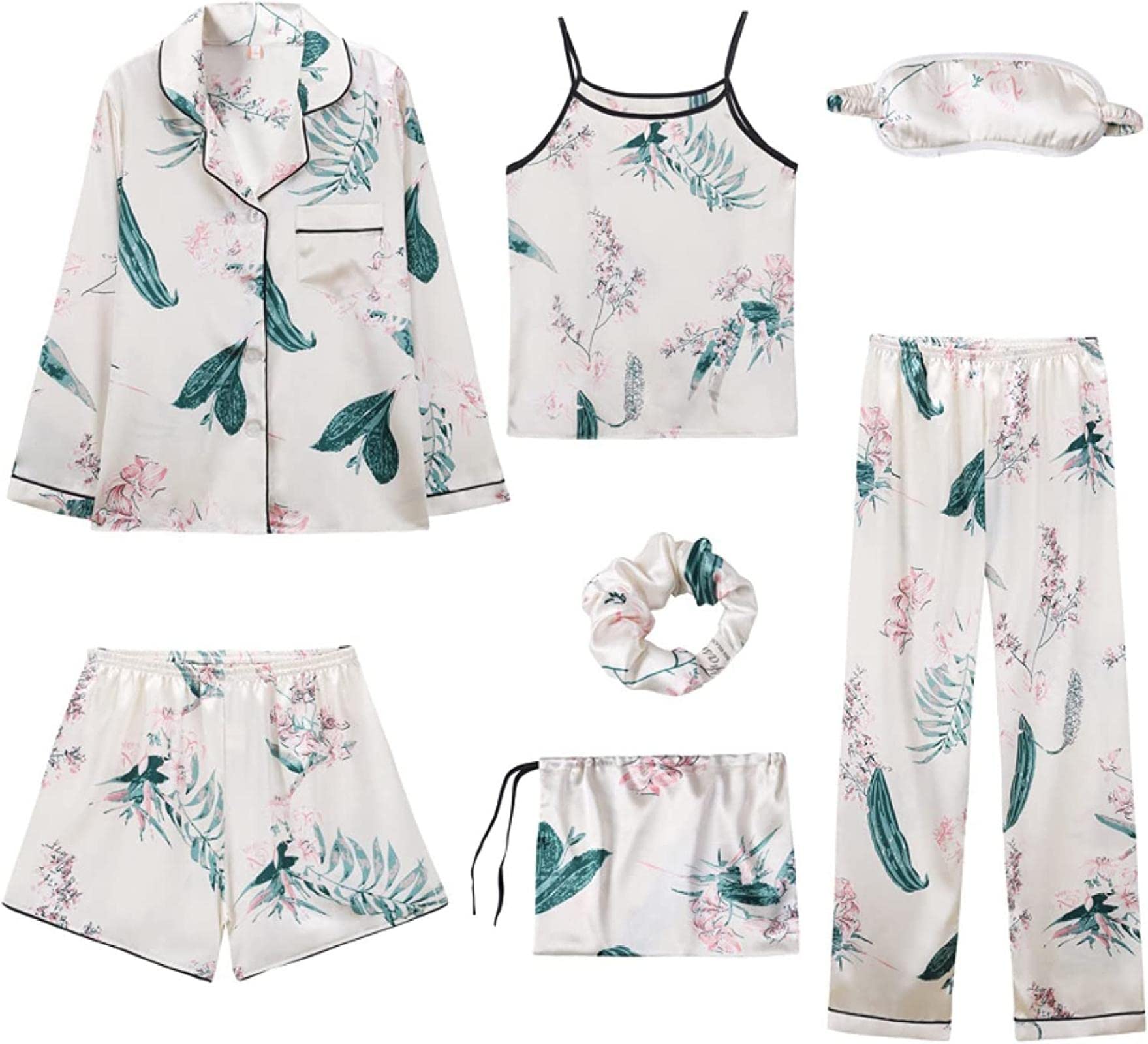 Women's 7-Piece Summer Satin Pajama Set with Suspenders - Soft Silk Sleepwear for Women - Comfortable Lounge & Home Wear - Perfect for Sleepovers, Relaxing at Home and Gift Giving