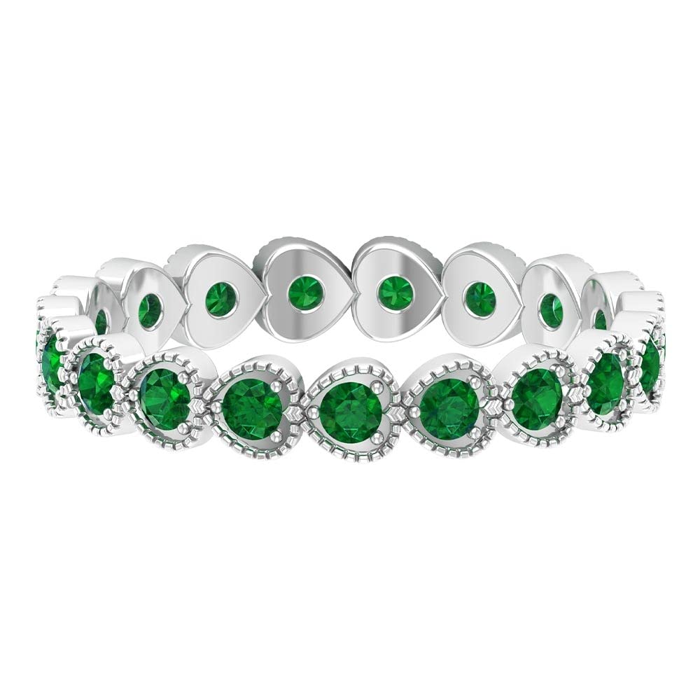 Emerald Heart Eternity Ring - 14K Solid Gold May Birthstone Band with Milgrain Detailing | Romantic Anniversary Gift, Wedding Jewelry, Bridal Stacking Ring for Women