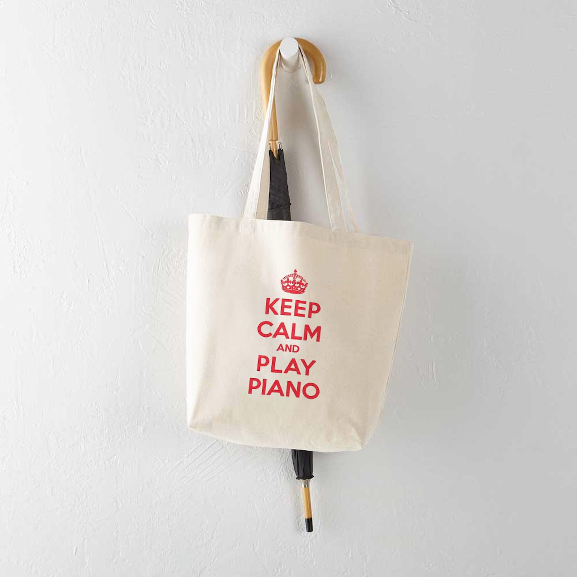 Keep Calm Play Piano Tote Bag - Natural Canvas Reusable Shopping Bag for Musicians, Piano Teachers & Students - Perfect for Music Lessons, Groceries & Beach Trips