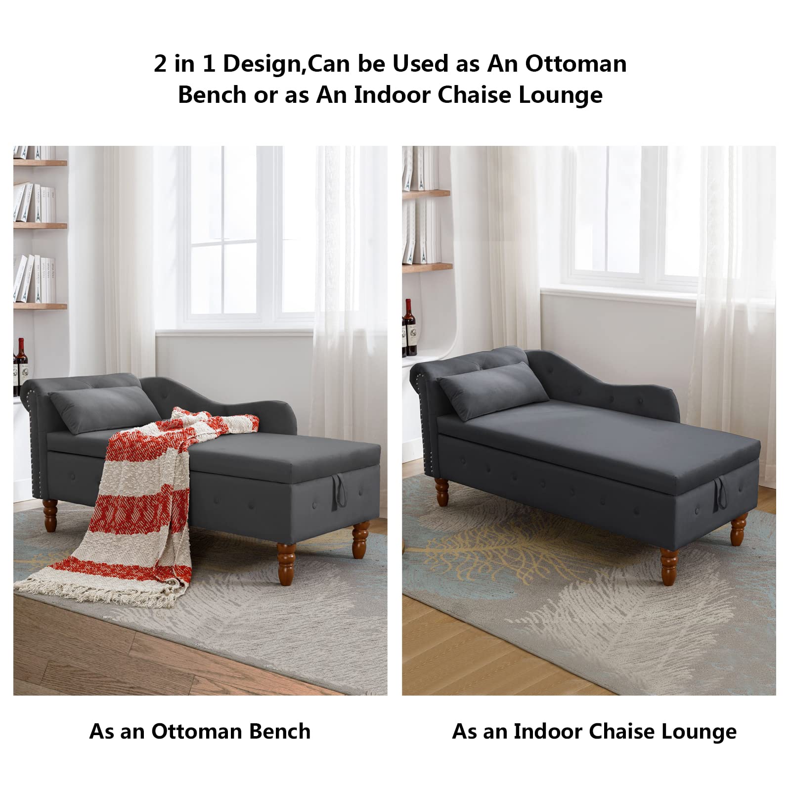 Setawix Velvet Chaise Lounge Chair with Storage - Tufted Ottoman Bench for Living Room, Bedroom & Office - Rolled Arm End of Bed Bench - Window Seat & Entryway Storage Solution (Black) - Perfect for Small Spaces, Reading Nooks & Home Decor