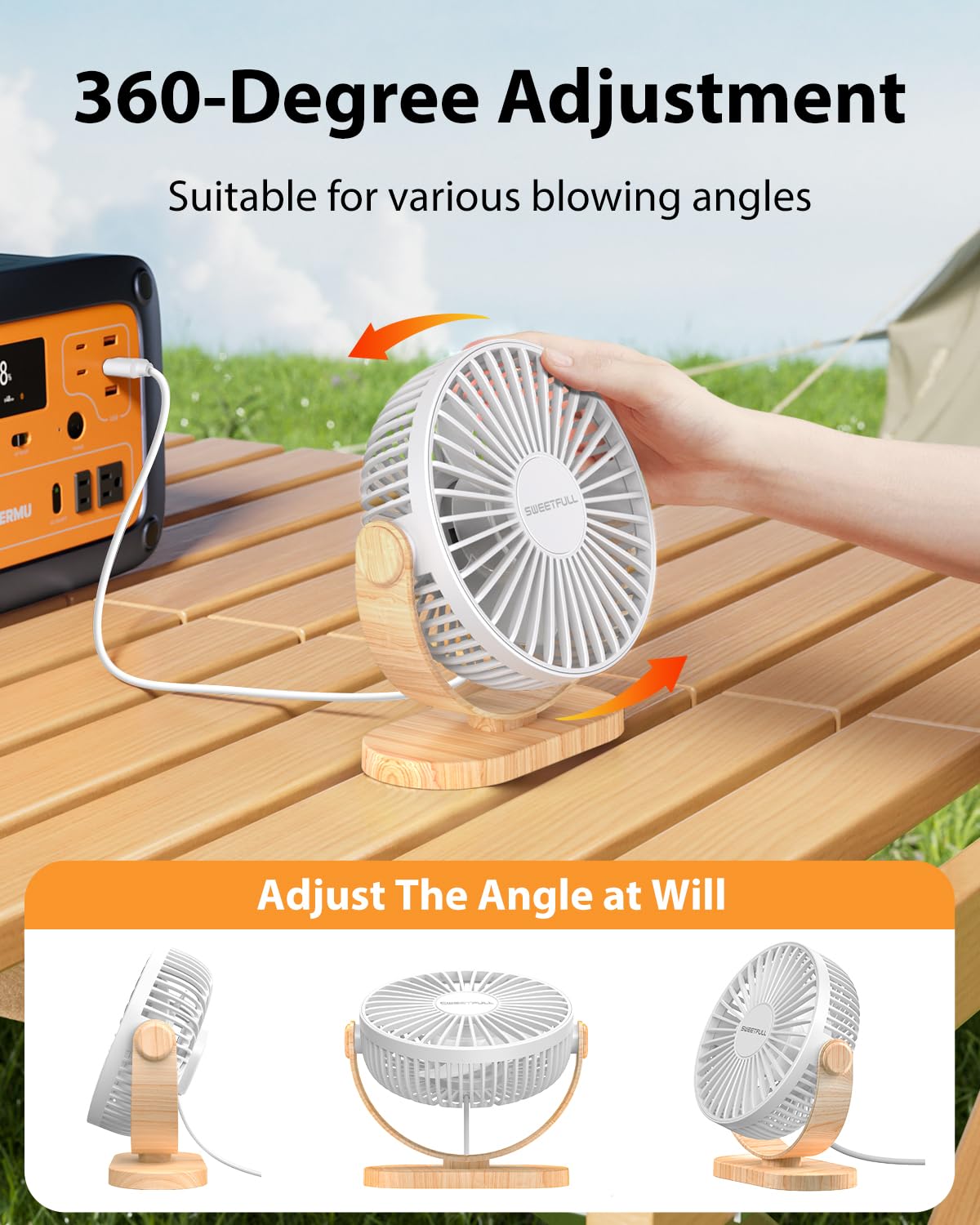 SWEETFULL USB Desk Fan - 3 Speed Portable Mini Fan with 360° Rotation, Quiet Personal Table Fan for Home, Office, Car & Travel (White Wood Grain) | Perfect for Work Desks, Bedrooms & Outdoor Activities
