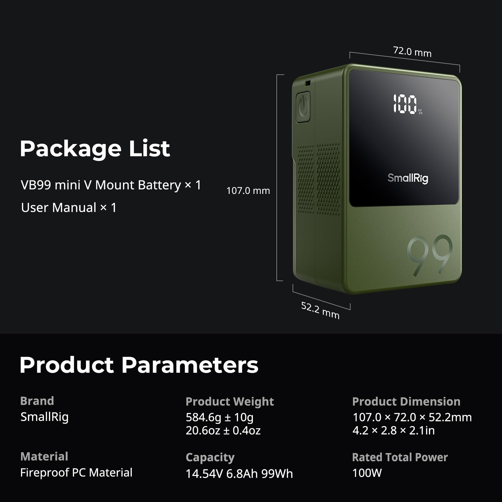 SMALLRIG VB99 99Wh V Mount Battery - 6800mAh V Lock Battery with 100W Output, Fast 2H Full Charge, USB-C/D-TAP/USB-A/Dual DC Ports, OLED Screen - Compatible with DSLR Cameras, Camcorders, Monitors & Video Lights | Perfect for Film Production, Live Streaming & Outdoor Shooting