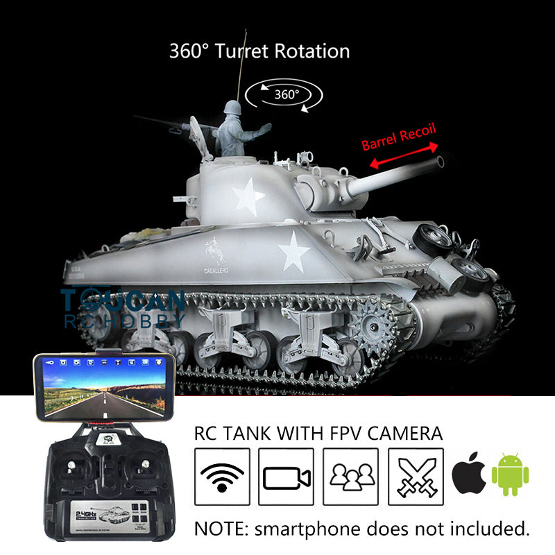 Henglong 1/16 Scale FPV 7.0 M4A3 Sherman RTR RC Tank with 360° Rotating Turret, Barrel Recoil & Metal Tracks - Ready-to-Run Remote Control Military Vehicle with Engine Sound & FPV Camera for Adults & Collectors - Perfect for Battle Reenactments, Outdoor Play & RC Hobbyists