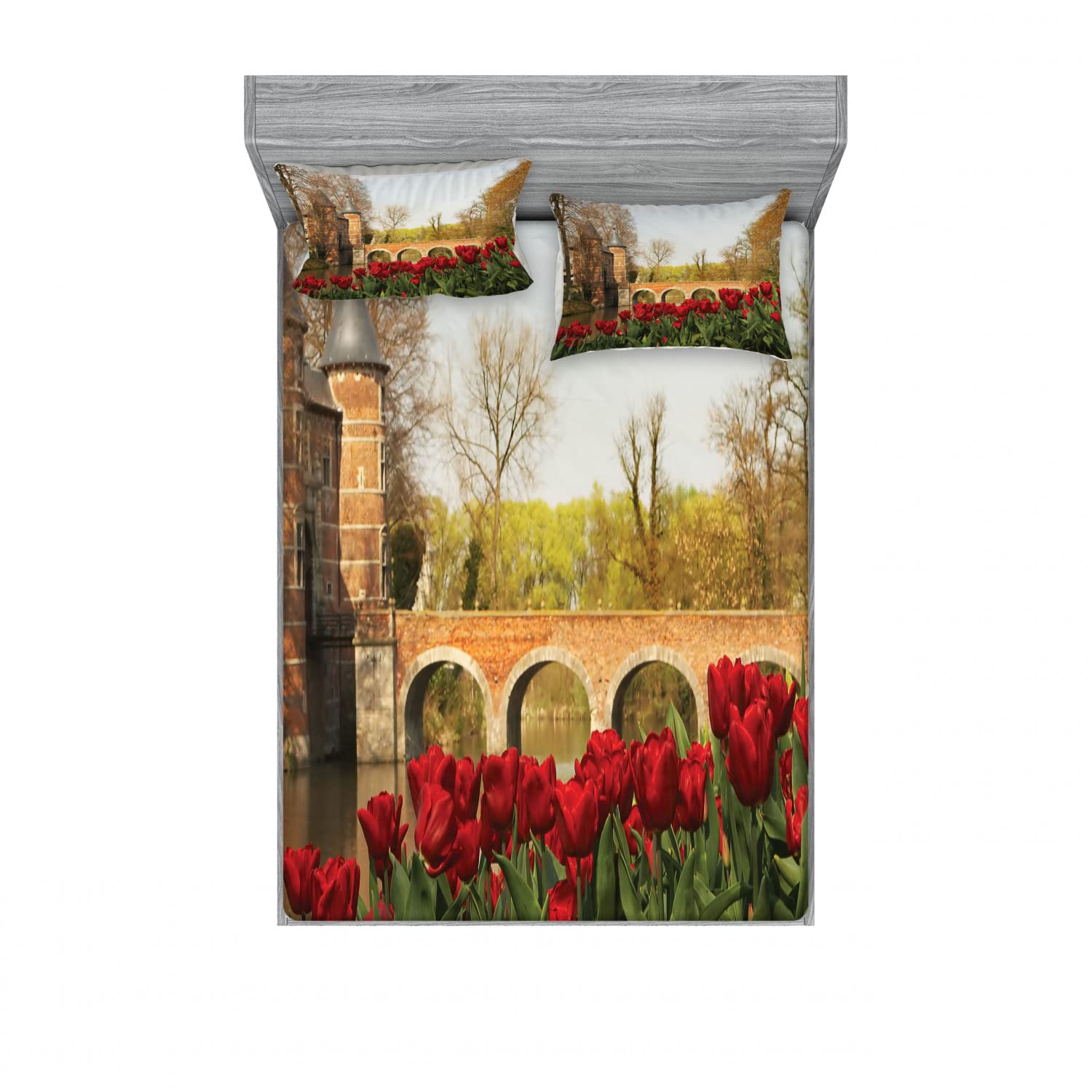 Lunarable 2-Pack Queen Size Fitted Sheet & Pillow Sham Set - Floral Tulip and Vintage Bridge Design, 4-Piece Bedding Decor (2 Fitted Sheets + 4 Pillow Covers) in Red & Green | Perfect for Guest Rooms, Bedroom Makeovers and Spring Home Decor