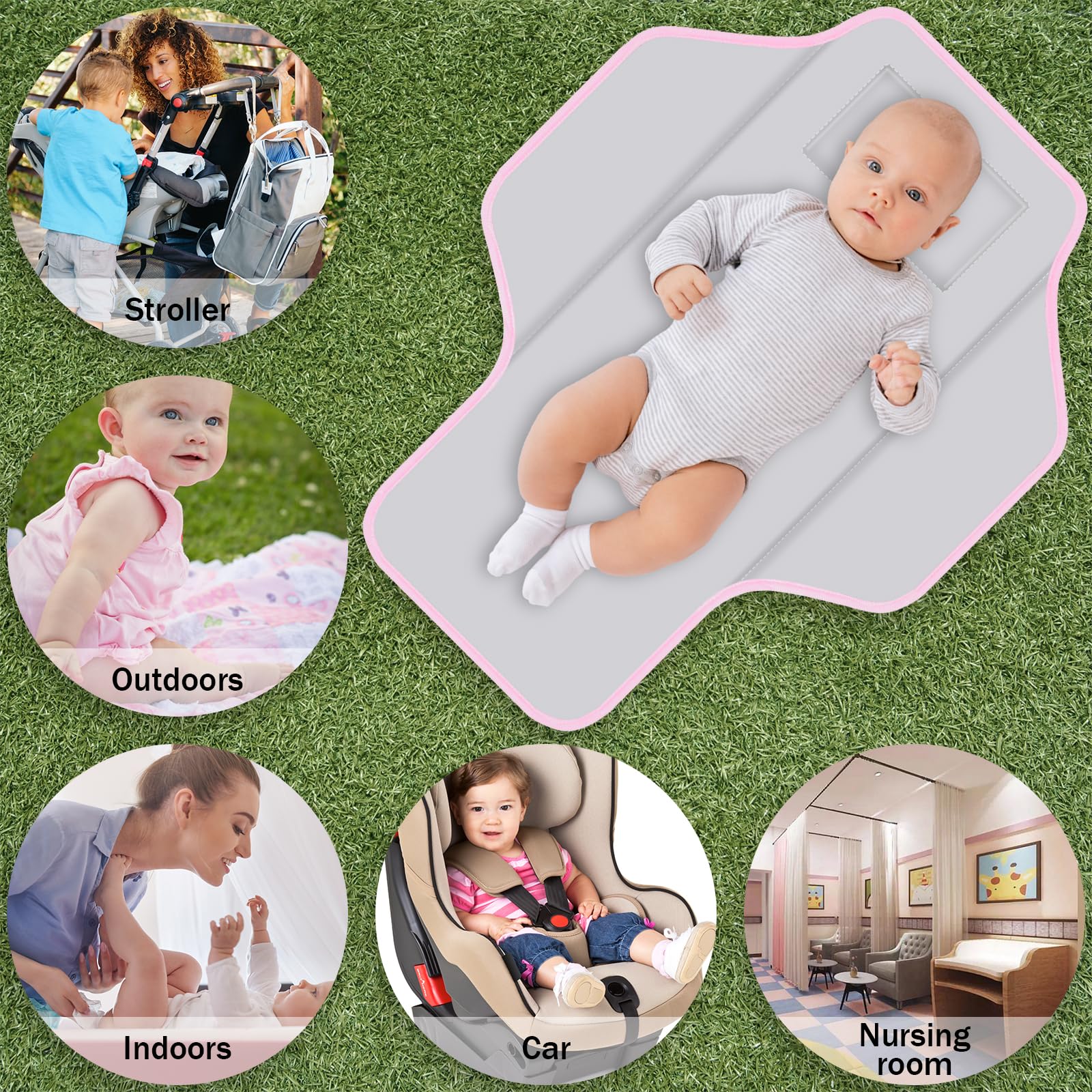 Portable Baby Diaper Changing Pad - Foldable Travel Changing Mat with Built-in Pillow, Waterproof & Compact for Newborns - Ideal for Nursery, On-the-Go & Baby Showers (Pink Stripe)