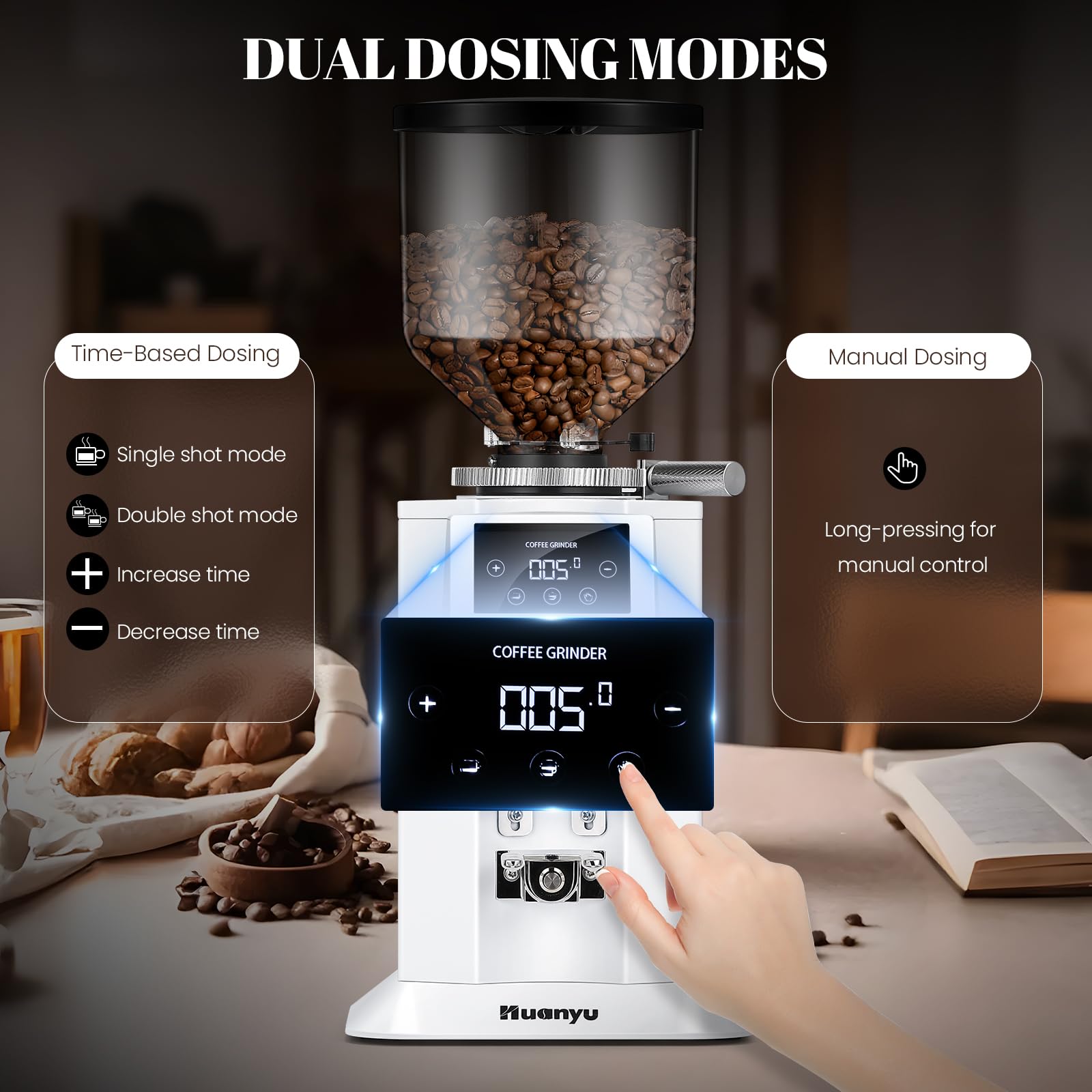 Huanyu Professional Electric Coffee Grinder - 74mm Flat Burr, 53oz Bean Hopper, 15 Infinite Grind Settings, Touch Screen, White | Perfect for Espresso, French Press & Pour Over Brewing at Home or Cafe