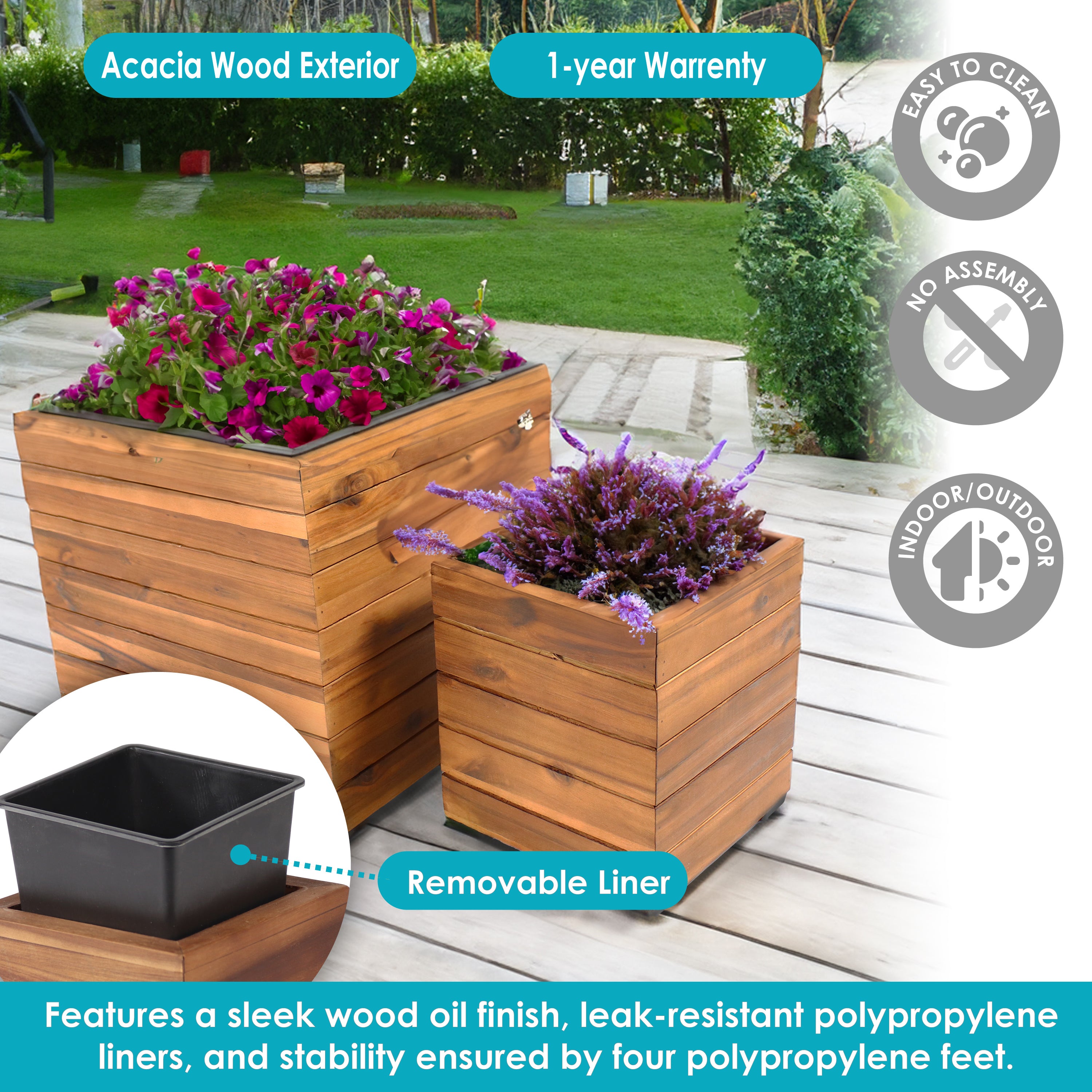 Sunnydaze 2-Piece Wooden Planter Box Set with Plastic Liners - Outdoor Garden Decor for Flowers, Herbs & Plants - Perfect for Patio, Balcony & Backyard Gardening