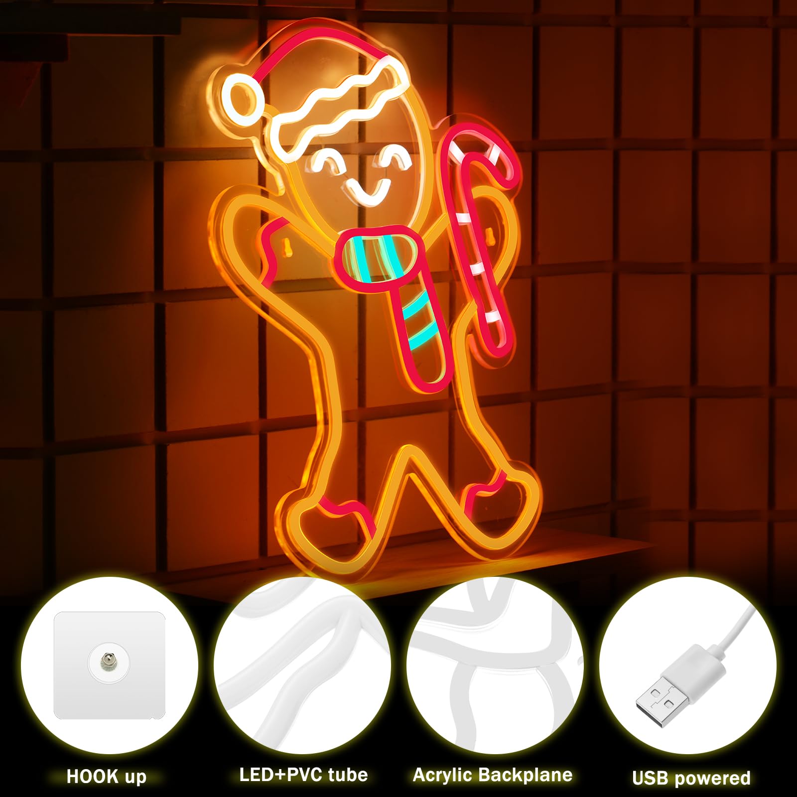 Xuhal Gingerbread Man Christmas Neon Sign - LED USB Wall Decor for Home, Bedroom, Office - Perfect for Holiday Parties, Winter Decorations & Festive Room Lighting