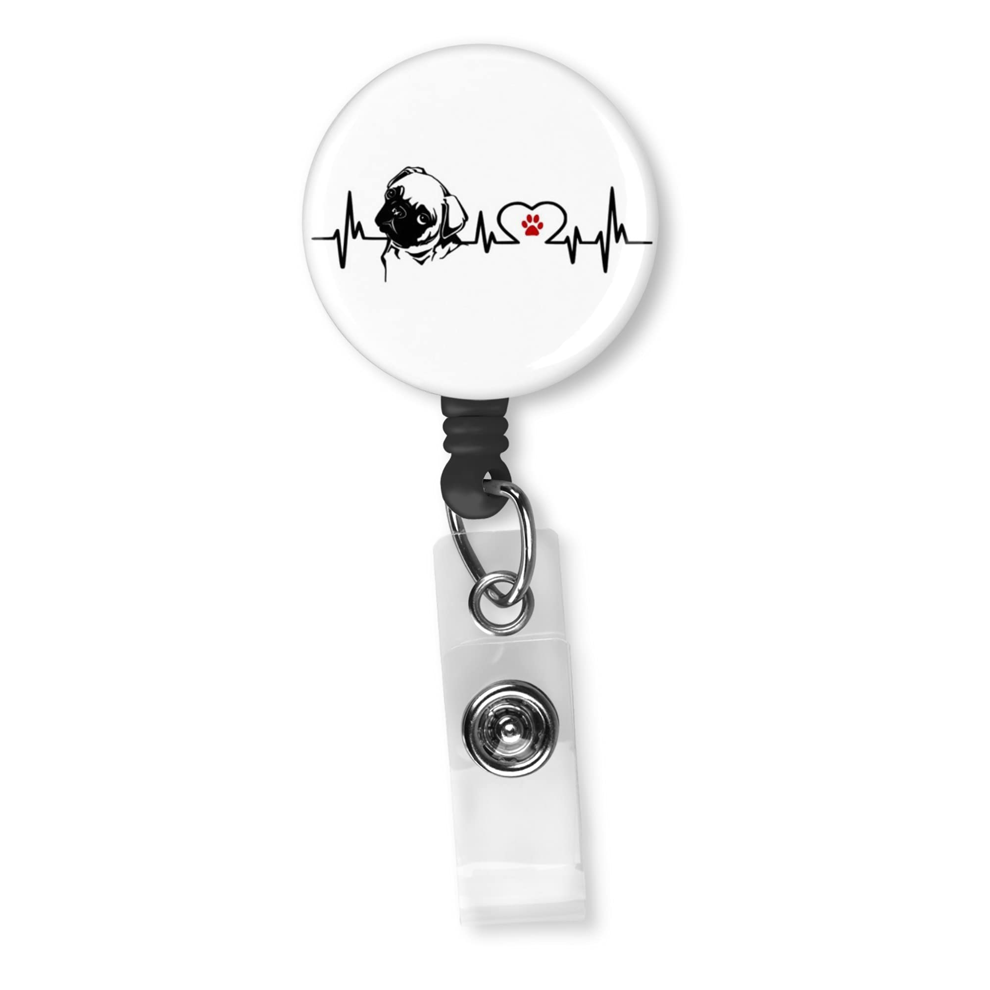 Funny Pug Dog EKG Heartbeat Retractable Badge Reel ID Holder - Perfect for Nurses, Teachers & Healthcare Workers