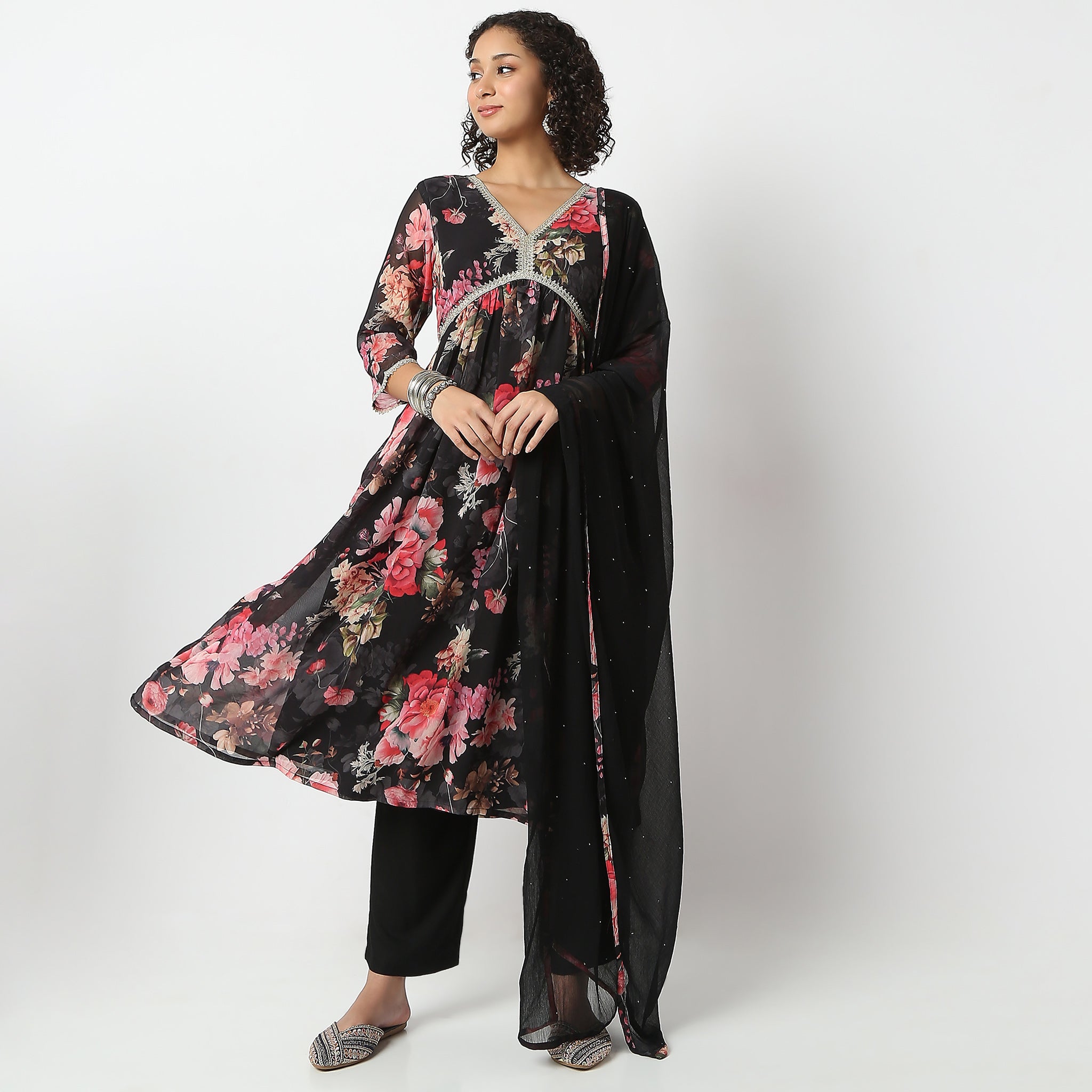 Flare Fit Printed V Neck Kurta and Pant with Dupatta Set - Stylish Indian Ethnic Outfit for Women, Perfect for Weddings, Festivals & Parties