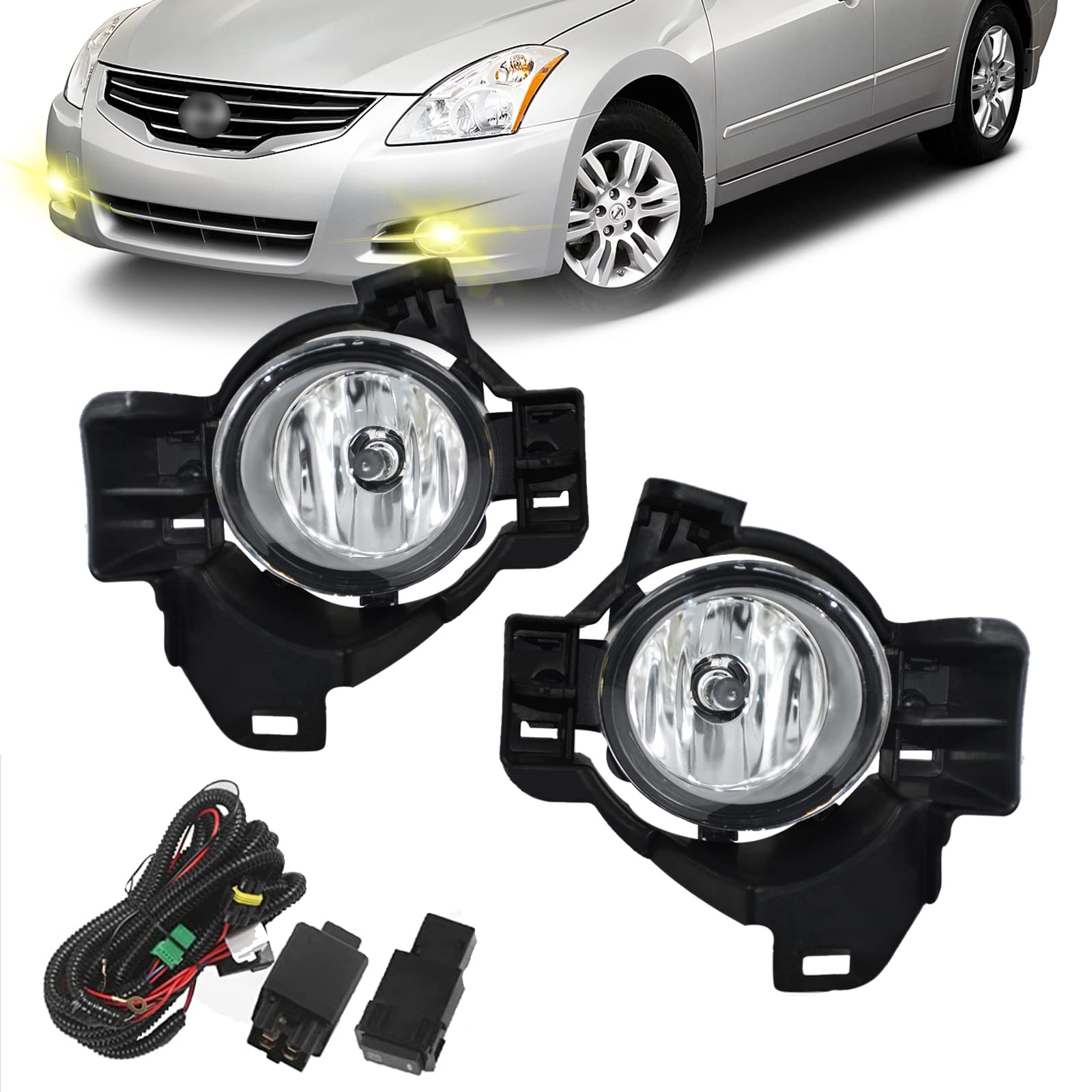 2010-2012 Nissan Altima 4DR Sedan Fog Lights Kit - Halogen Bumper Driving Lamps with Clear Lens, Switch & Wiring Harness (1 Pair) - Perfect for Night Driving and Low Visibility Conditions