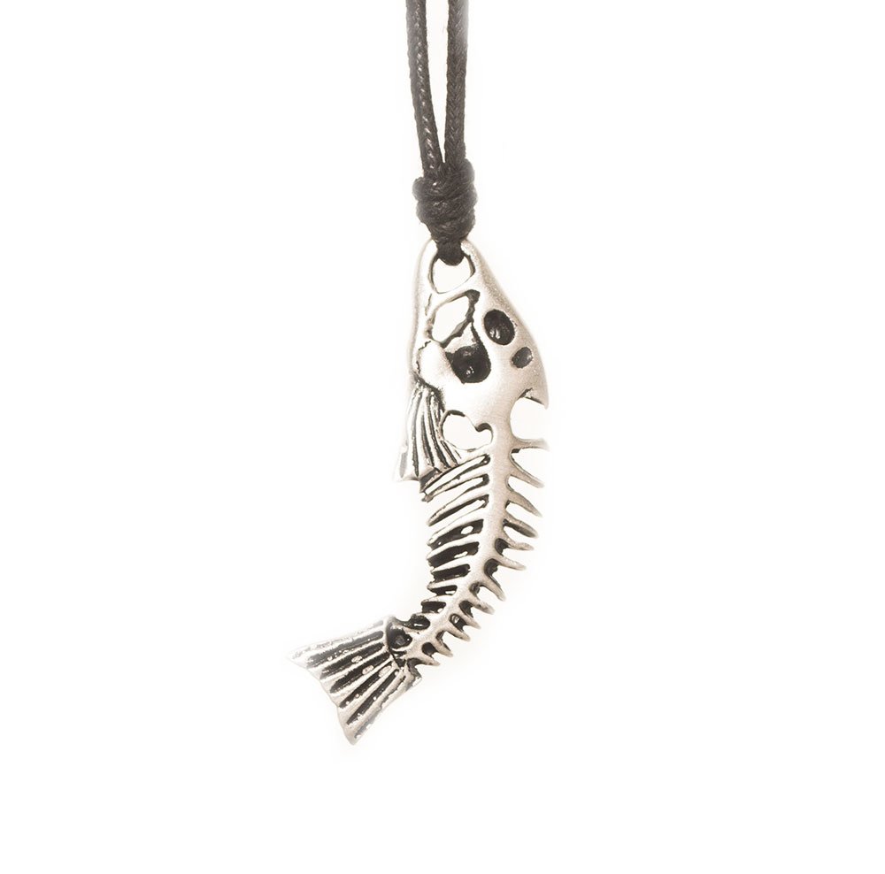 Vietguild Fish Skeleton Silver Pewter Charm Necklace Pendant - Handmade Gothic Jewelry for Women, Unique Boho Accessory - Perfect for Halloween, Cosplay, and Dark Fashion Outfits