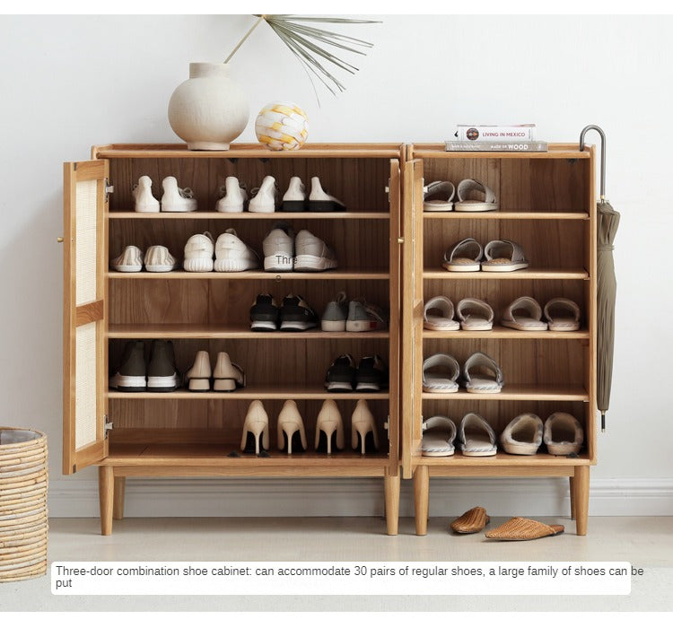 Solid Oak Wood Shoe Storage Cabinet with Rattan Doors - Organize Shoes Neatly in Entryway, Bedroom or Closet