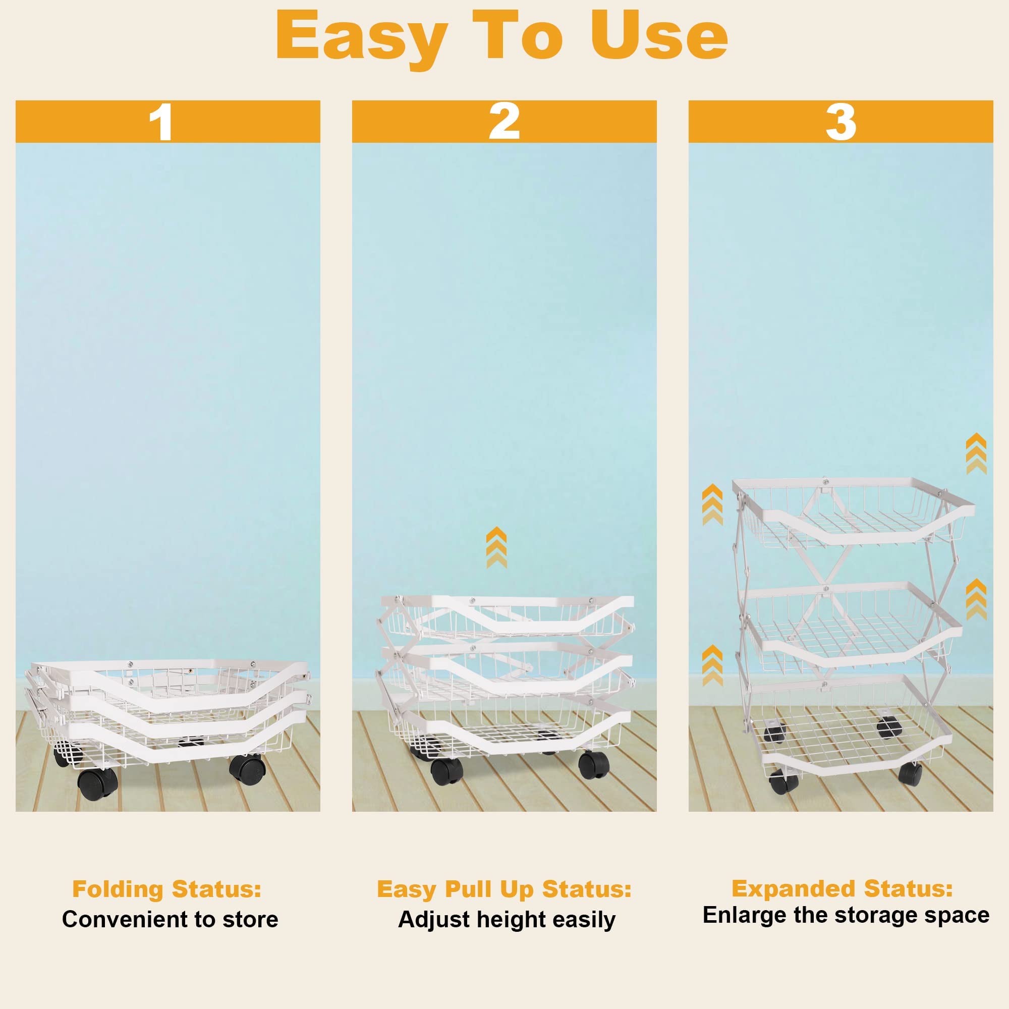 3-Tier Metal Wire Fruit Basket Organizer with Wheels - Foldable Kitchen Storage for Fruits & Vegetables - White - Perfect for Kitchen, Bathroom, Living Room & Bedroom Organization