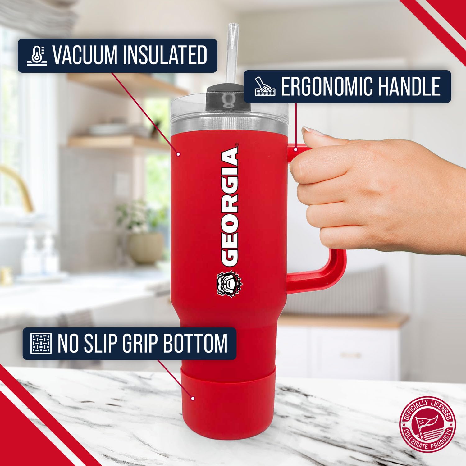 Georgia Bulldogs 40 oz Stainless Steel Travel Tumbler with Handle - Vacuum Insulated, Dual Lid Options (Straw & Sip) - College & University Drinkware - Perfect for Game Days, Campus Life & Outdoor Adventures