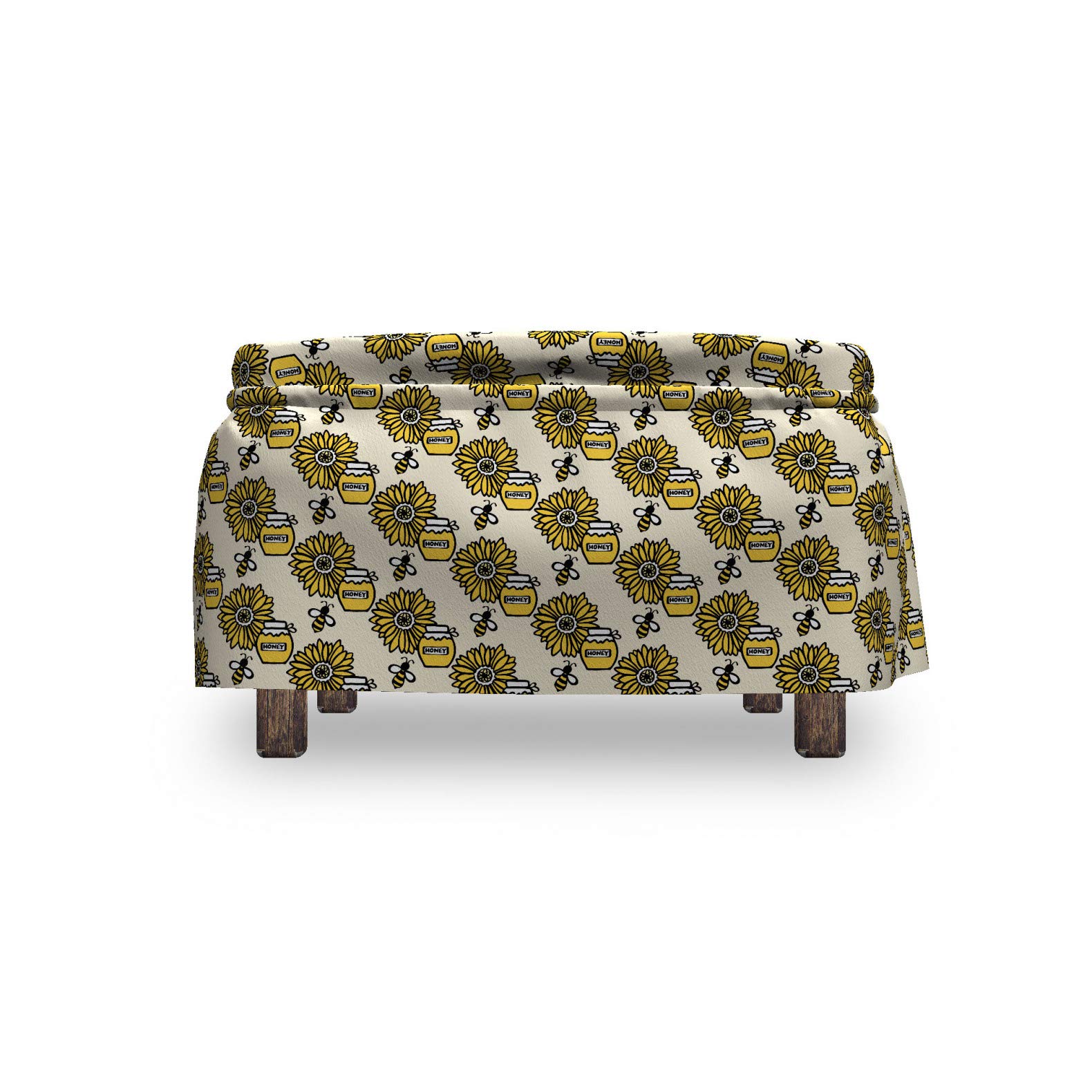 Ambesonne Queen Bee Ottoman Cover Set - 2 Piece Slipcover with Ruffle Skirt for Square/Round Footstools, Honey Jar & Sunflower Pattern in Mustard Taupe - Home Decor Accent for Living Room, Bedroom, Nursery