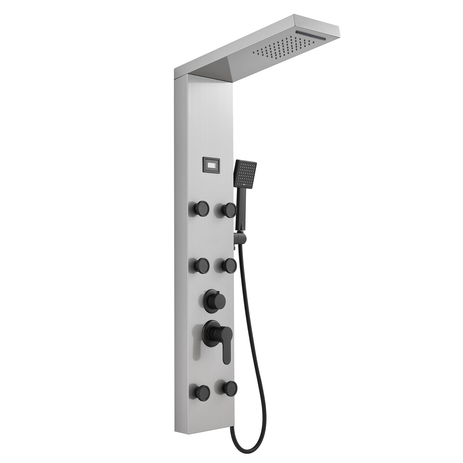 ROVOGO Stainless Steel Shower Panel Tower System - 6 Body Jets, Rainfall & Waterfall Shower Head, Handheld Sprayer, Temperature Display, Brushed Black Fixtures - Perfect for Luxury Bathroom Renovation & Spa-Like Shower Experience